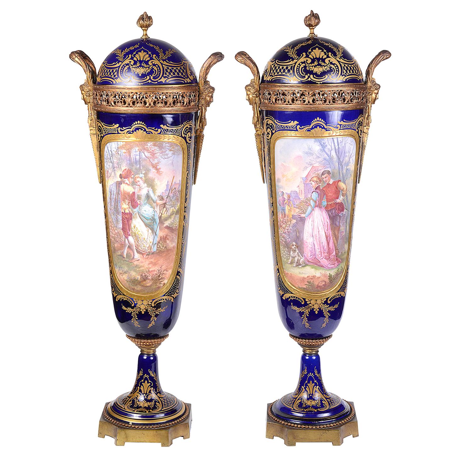 Large Pair of 19th Century Sevres Style Lidded Vases at 1stDibs