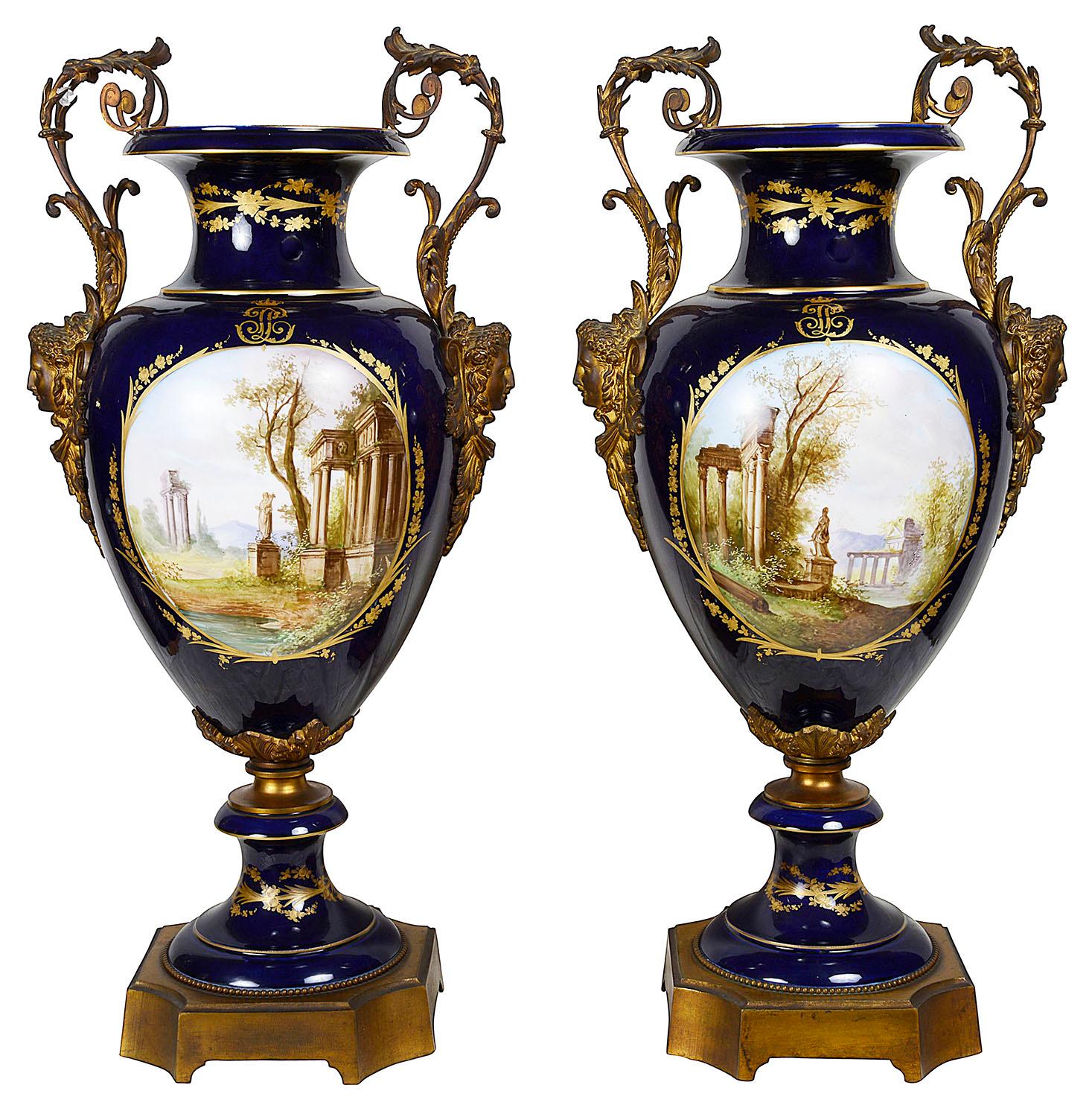 Louis XVI Large Pair 19th Century Sevres Style Vases For Sale
