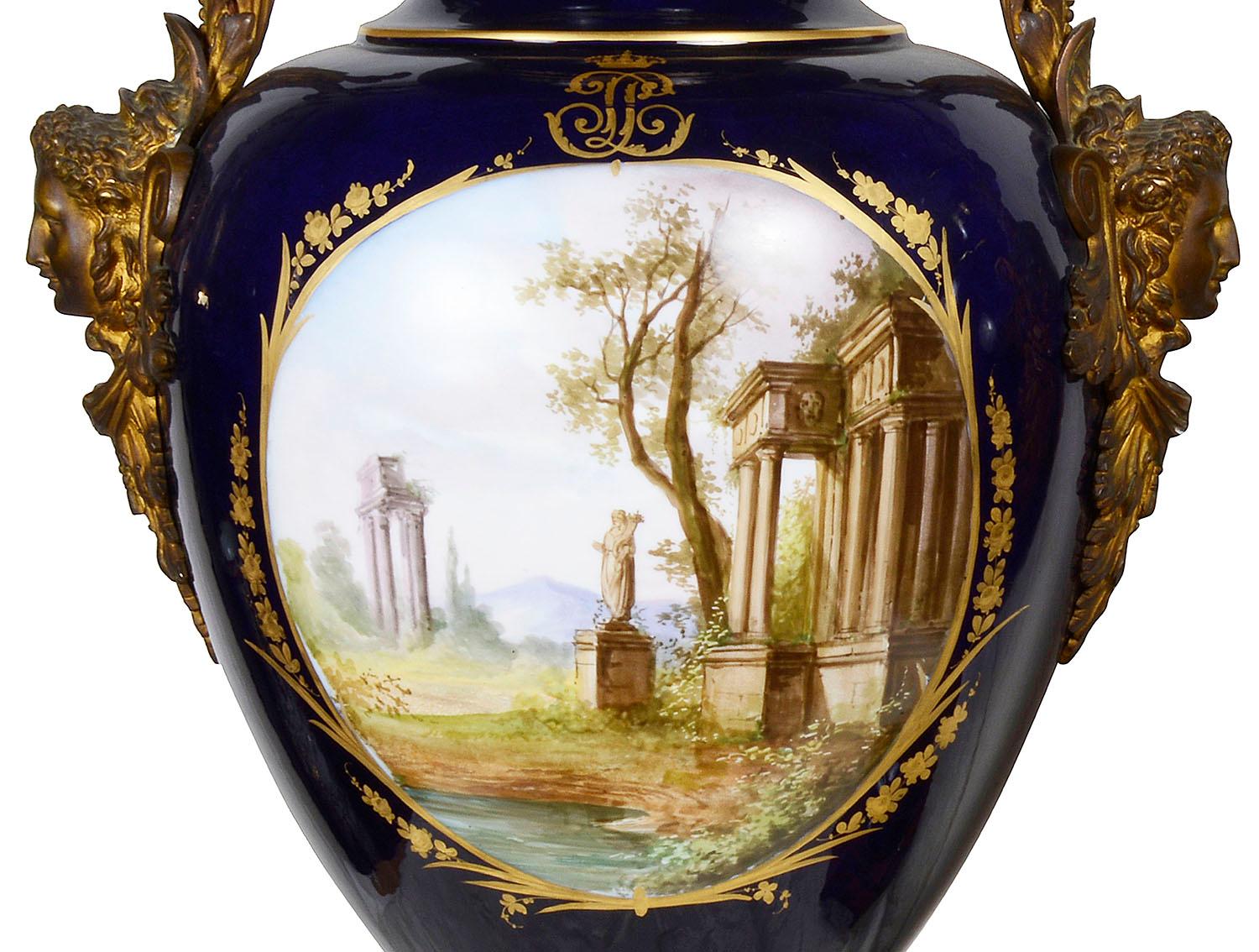 Hand-Painted Large Pair 19th Century Sevres Style Vases For Sale