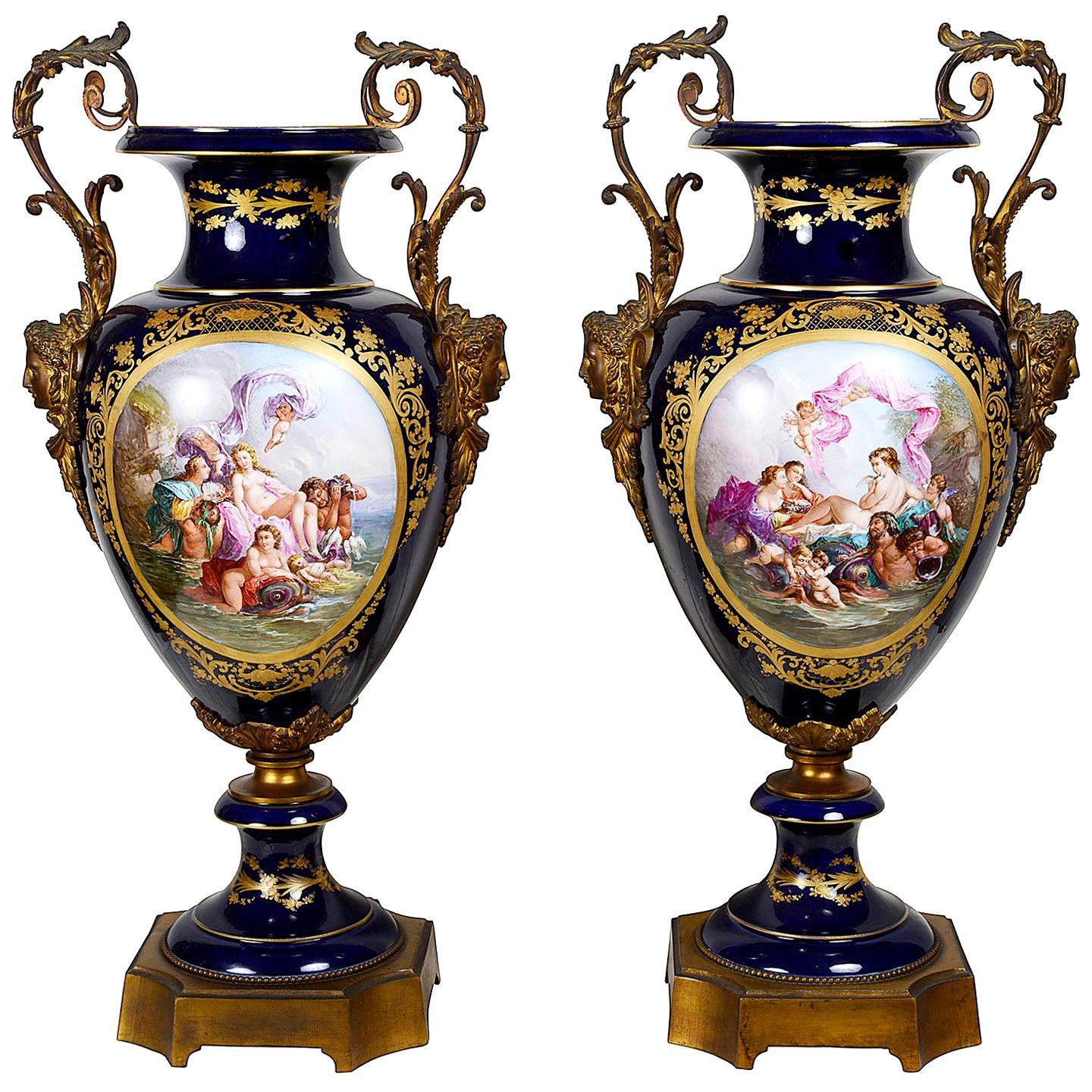 Large Pair 19th Century Sevres Style Vases For Sale