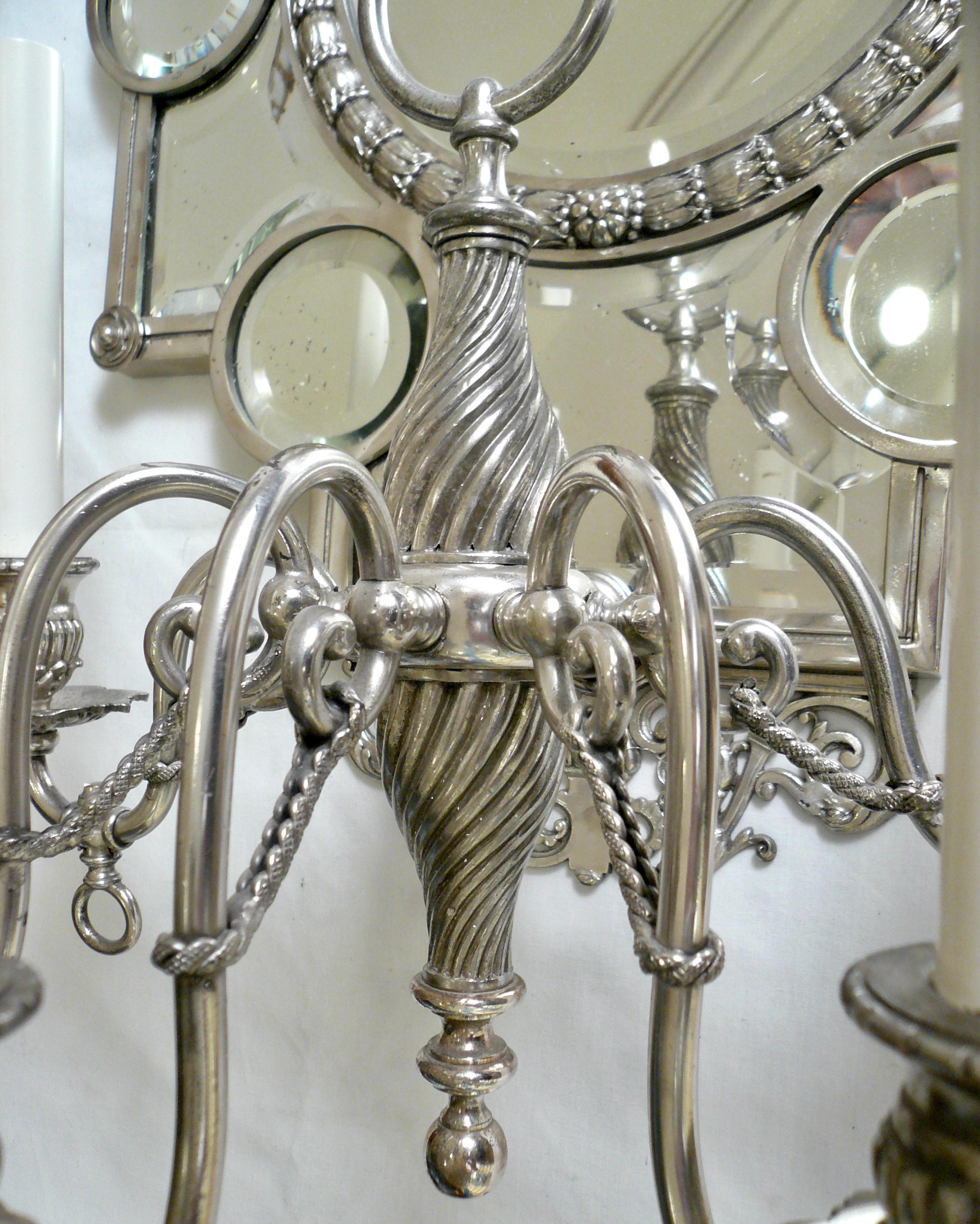 Large Pair 19th Century Silver and Beveled Mirror Five Arm Sconces For Sale 5