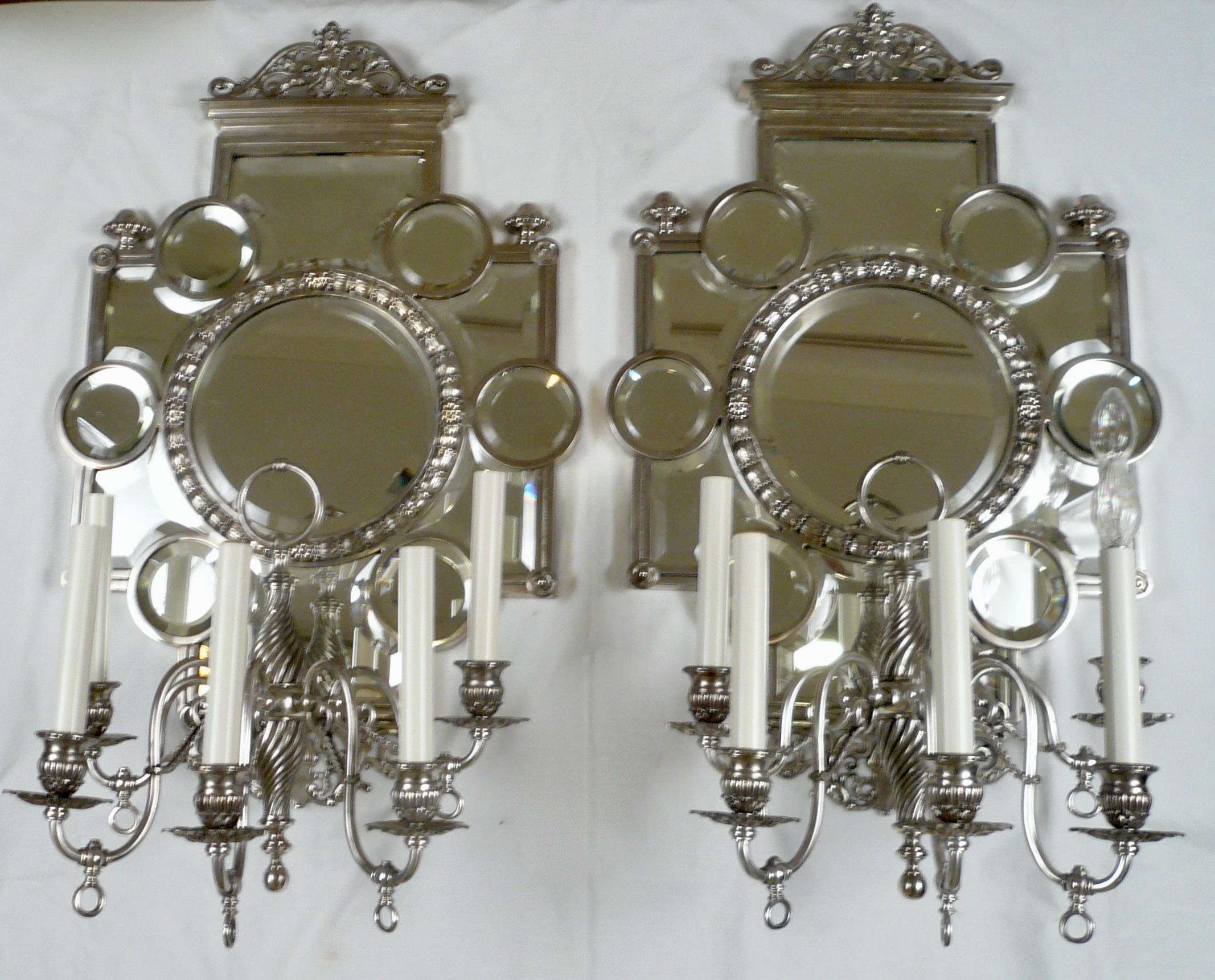 Large Pair 19th Century Silver and Beveled Mirror Five Arm Sconces For Sale 7