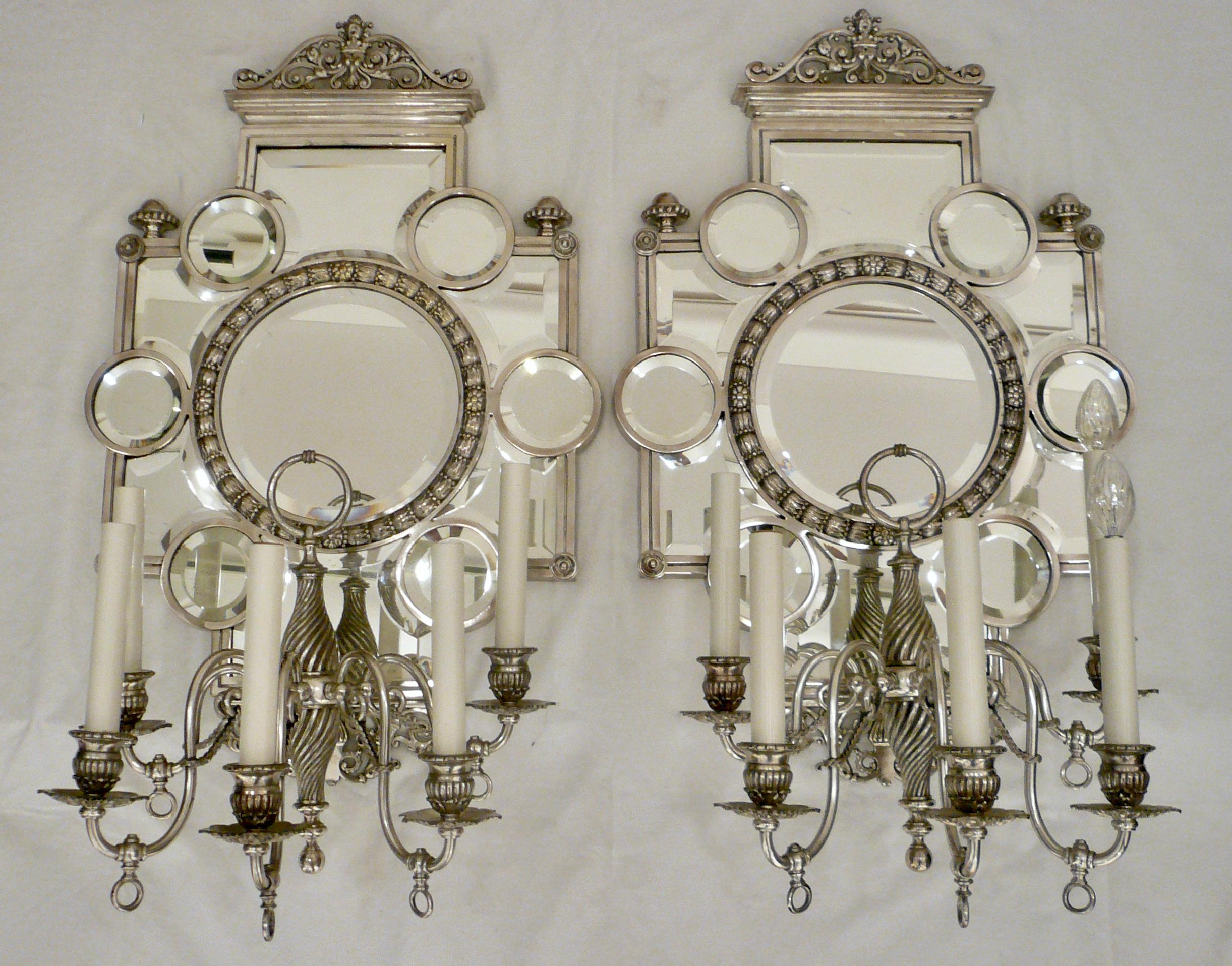 Large Pair 19th Century Silver and Beveled Mirror Five Arm Sconces For Sale 7