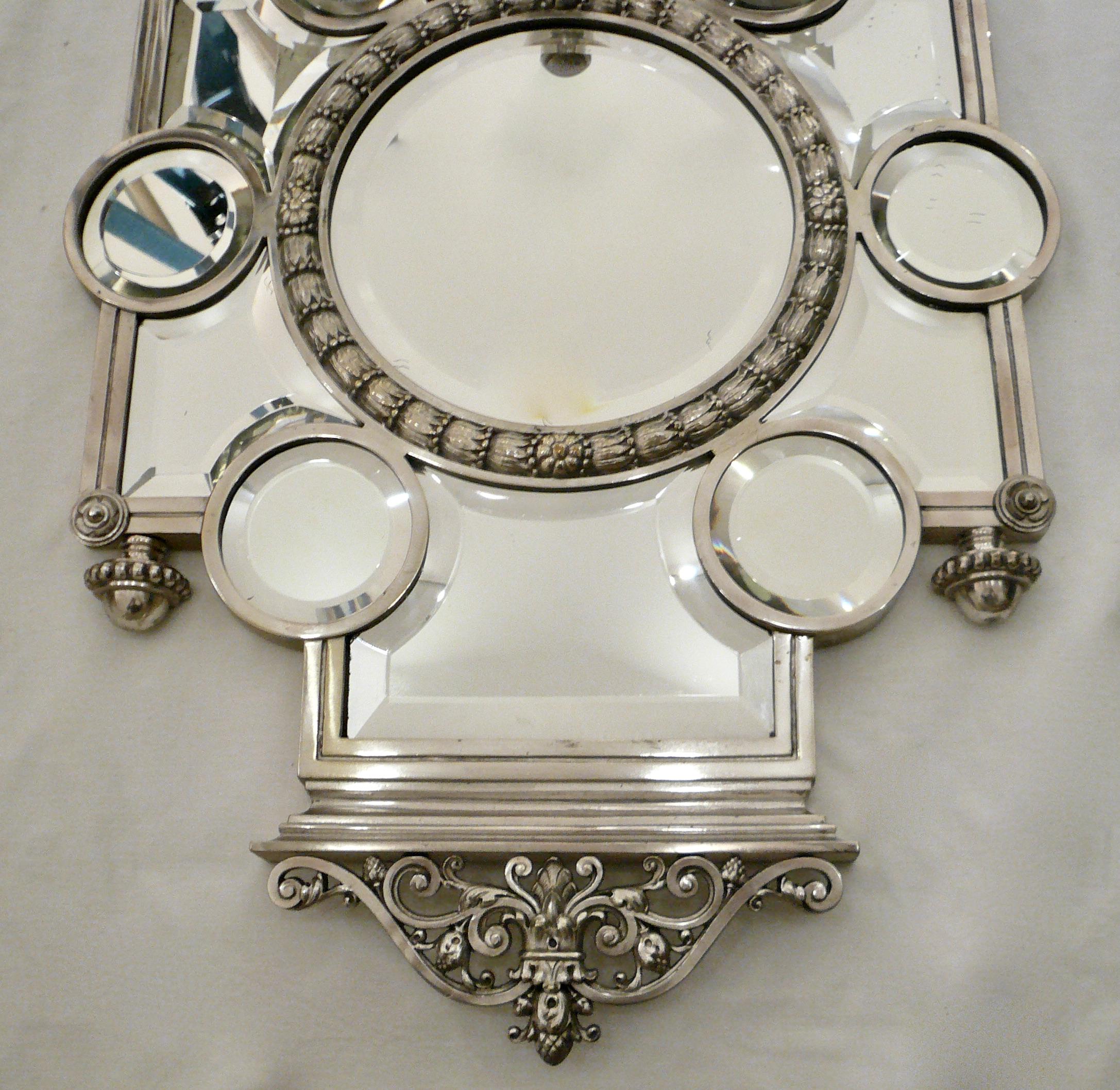 Large Pair 19th Century Silver and Beveled Mirror Five Arm Sconces For Sale 8