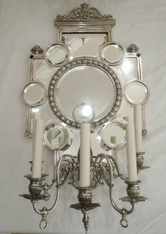 Large Pair 19th Century Silver and Beveled Mirror Five Arm Sconces