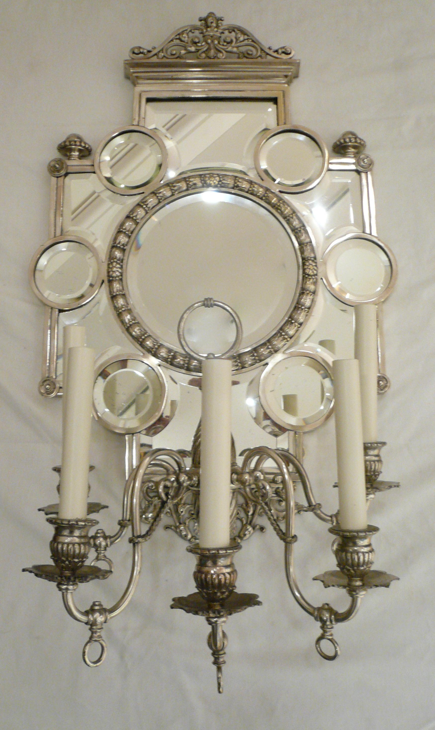 Beaux Arts Large Pair 19th Century Silver and Beveled Mirror Five Arm Sconces For Sale