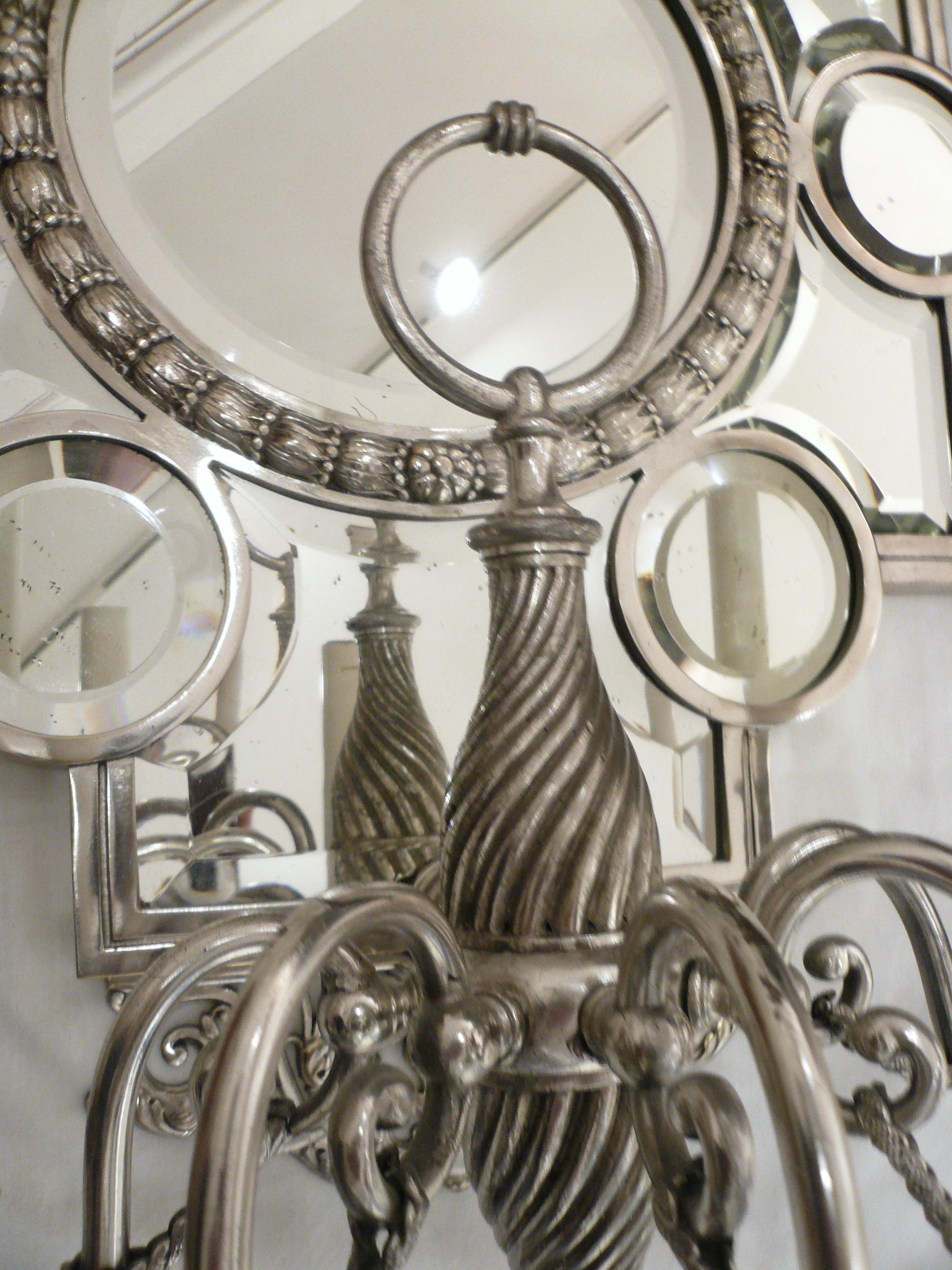 Silvered Large Pair 19th Century Silver and Beveled Mirror Five Arm Sconces For Sale