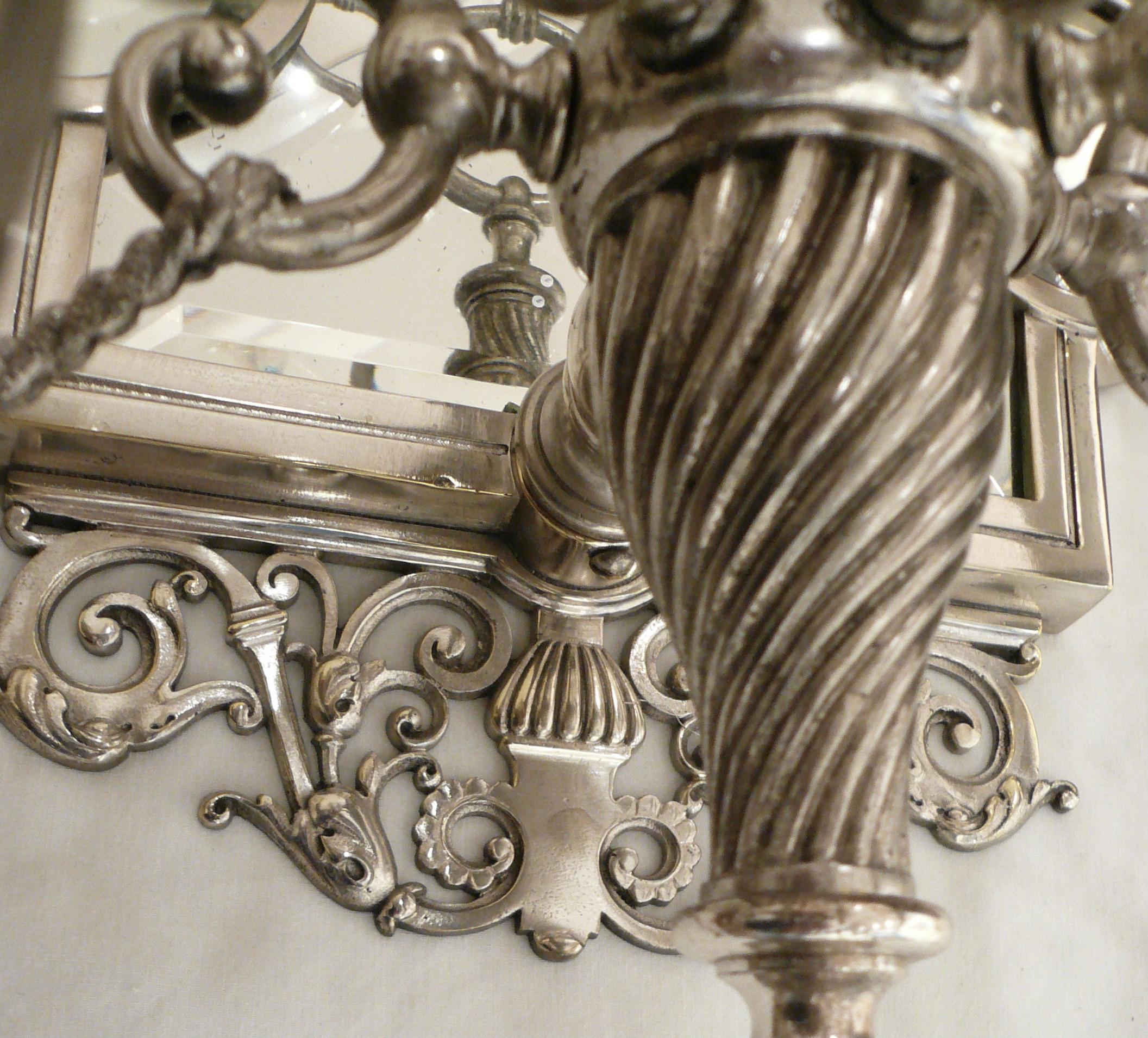 Large Pair 19th Century Silver and Beveled Mirror Five Arm Sconces In Good Condition For Sale In Pittsburgh, PA
