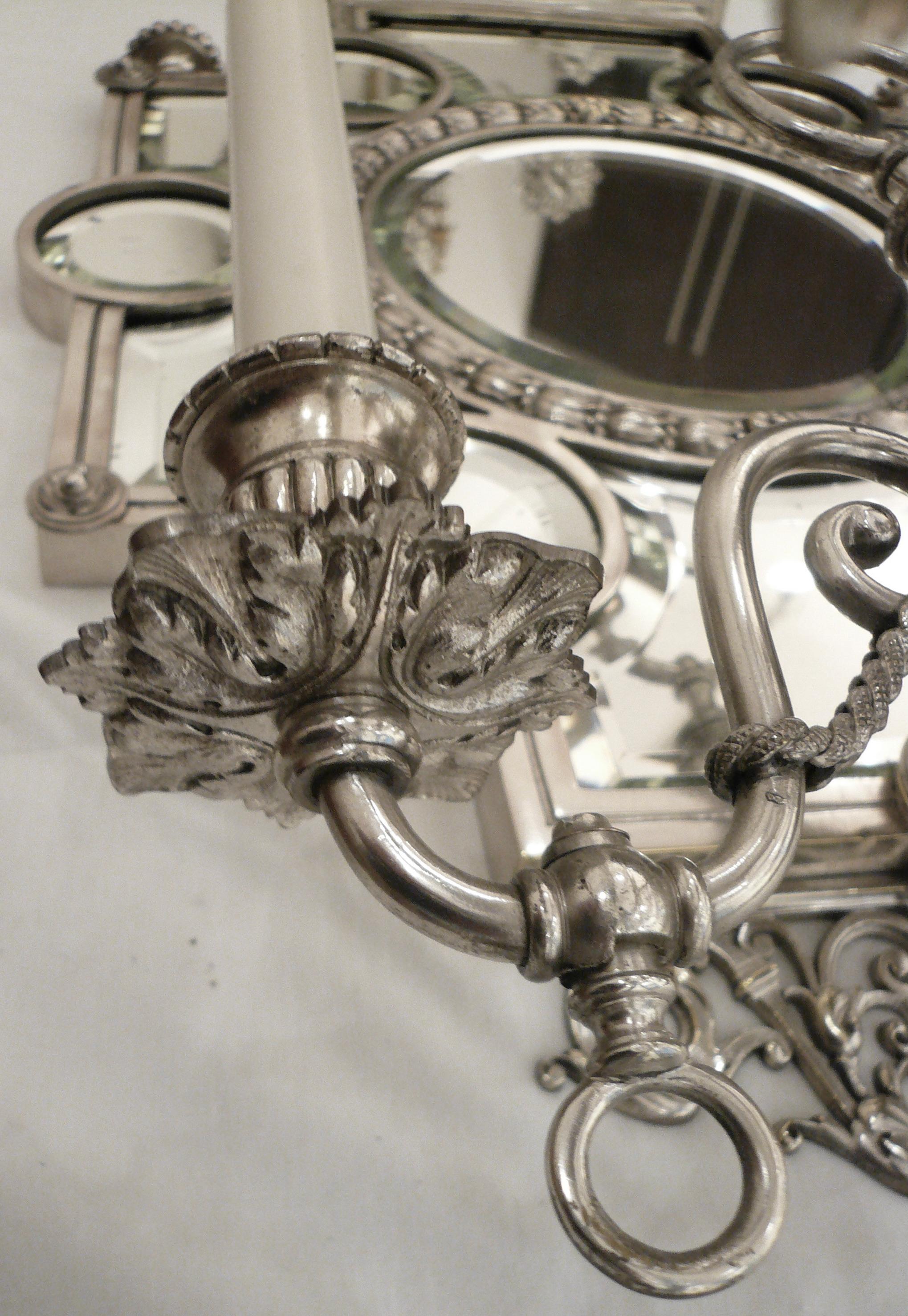 Bronze Large Pair 19th Century Silver and Beveled Mirror Five Arm Sconces For Sale