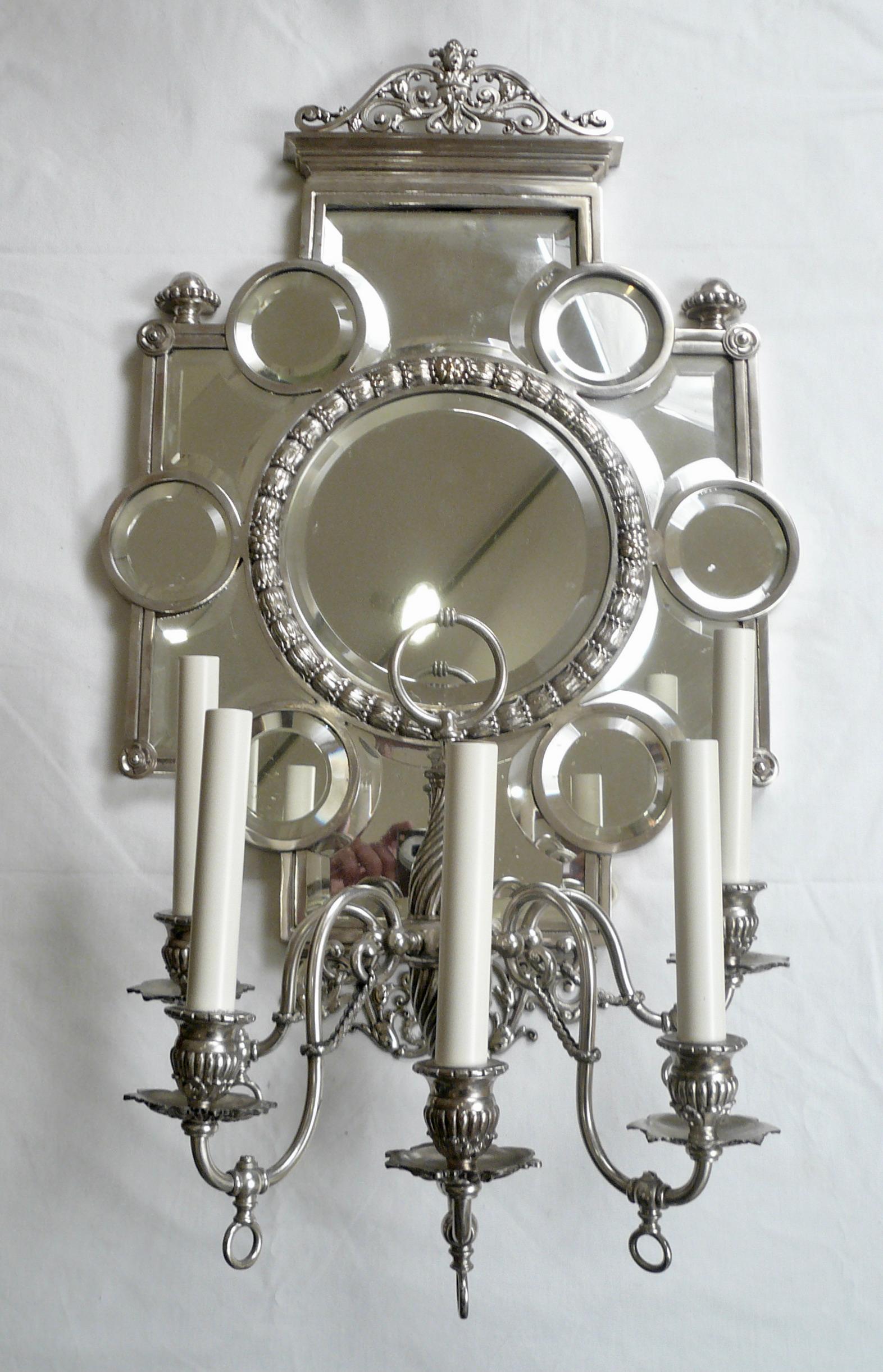 Large Pair 19th Century Silver and Beveled Mirror Five Arm Sconces For Sale 2