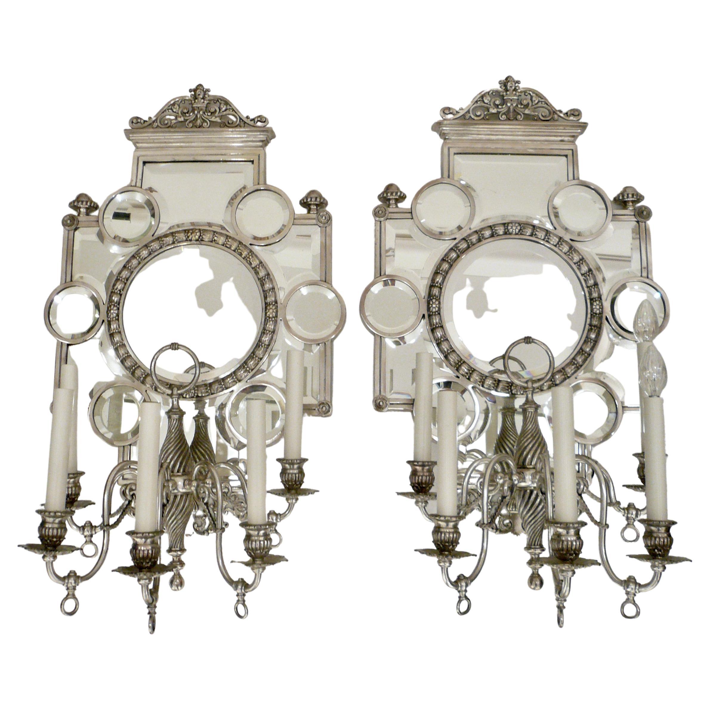 Large Pair 19th Century Silver and Beveled Mirror Five Arm Sconces For Sale