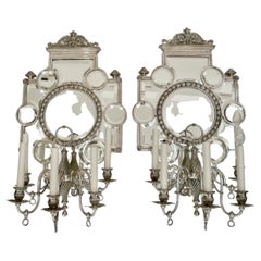 Large Pair 19th Century Silver and Beveled Mirror Five Arm Sconces