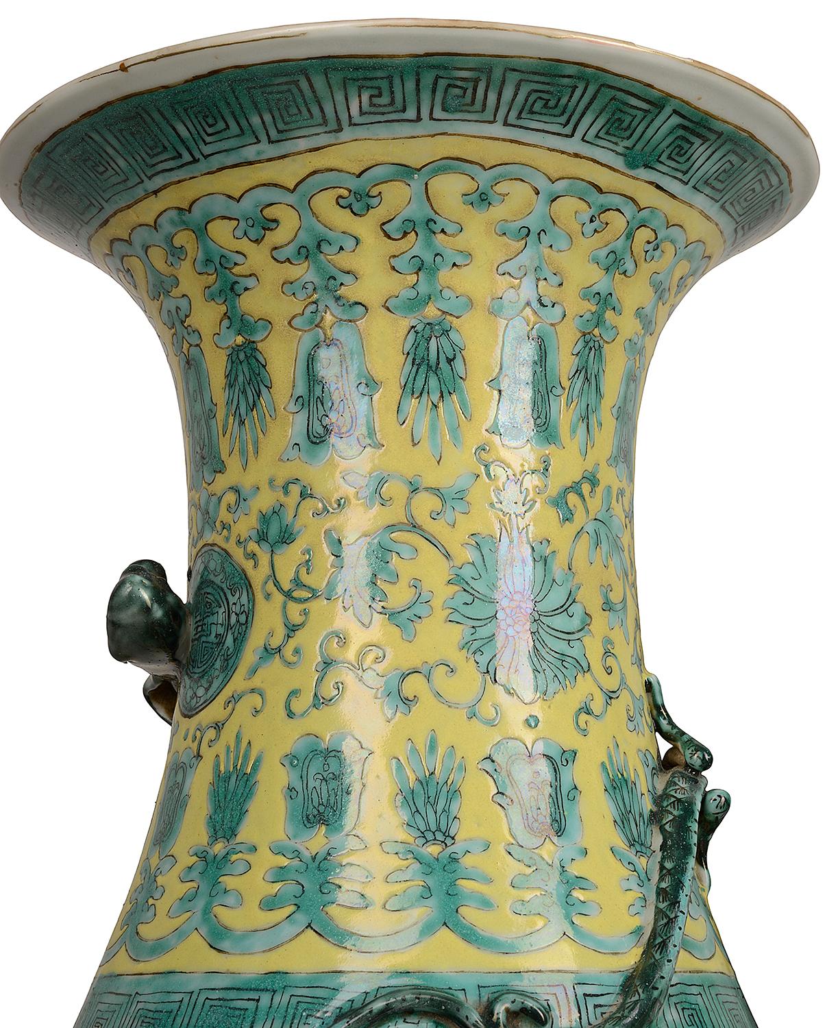 19th Century Large Pair of 19th Chinese Yellow and Green Ground Vases/ lamps For Sale