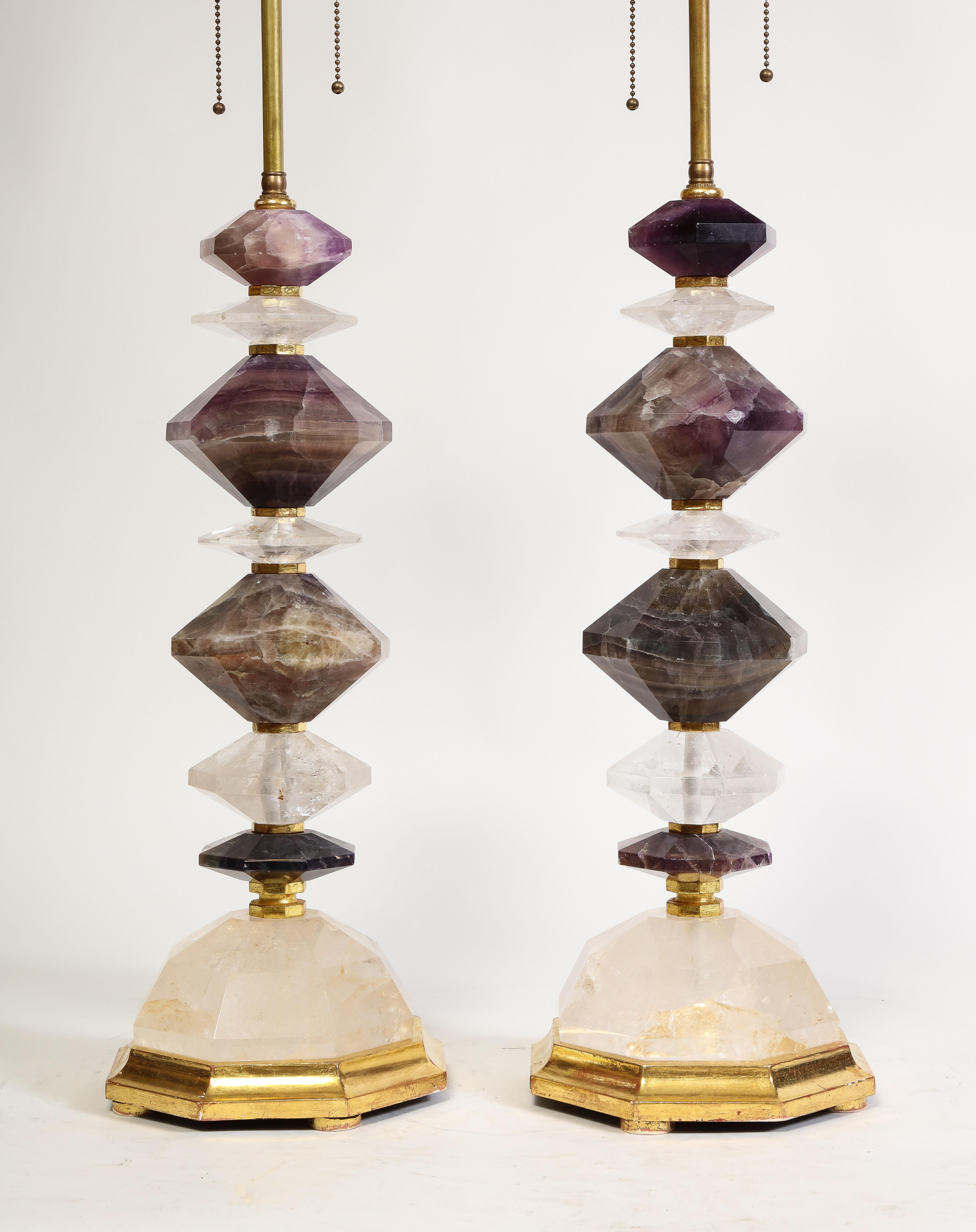 Mid-Century Modern Large Pair 20th C French Diamond-Cut Rock Crystal & Amethyst Crystal Table Lamps For Sale