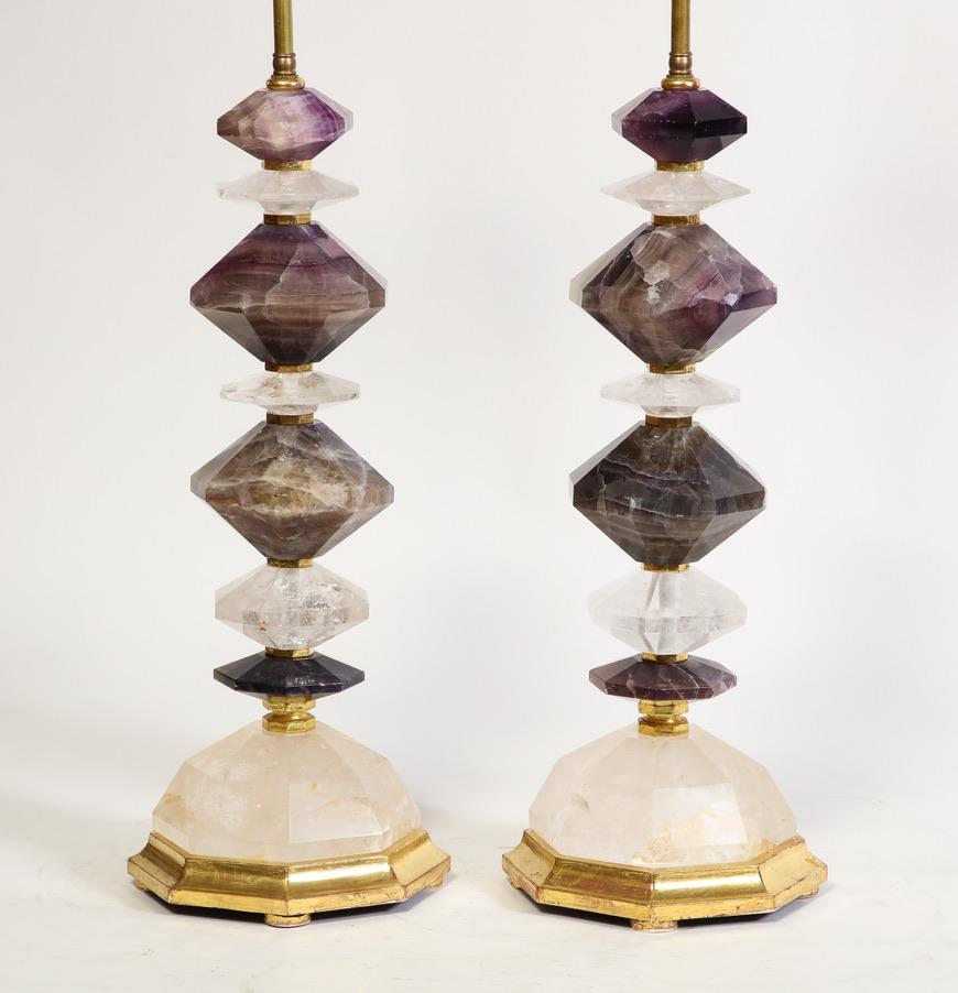 Hand-Carved Large Pair 20th C French Diamond-Cut Rock Crystal & Amethyst Crystal Table Lamps For Sale