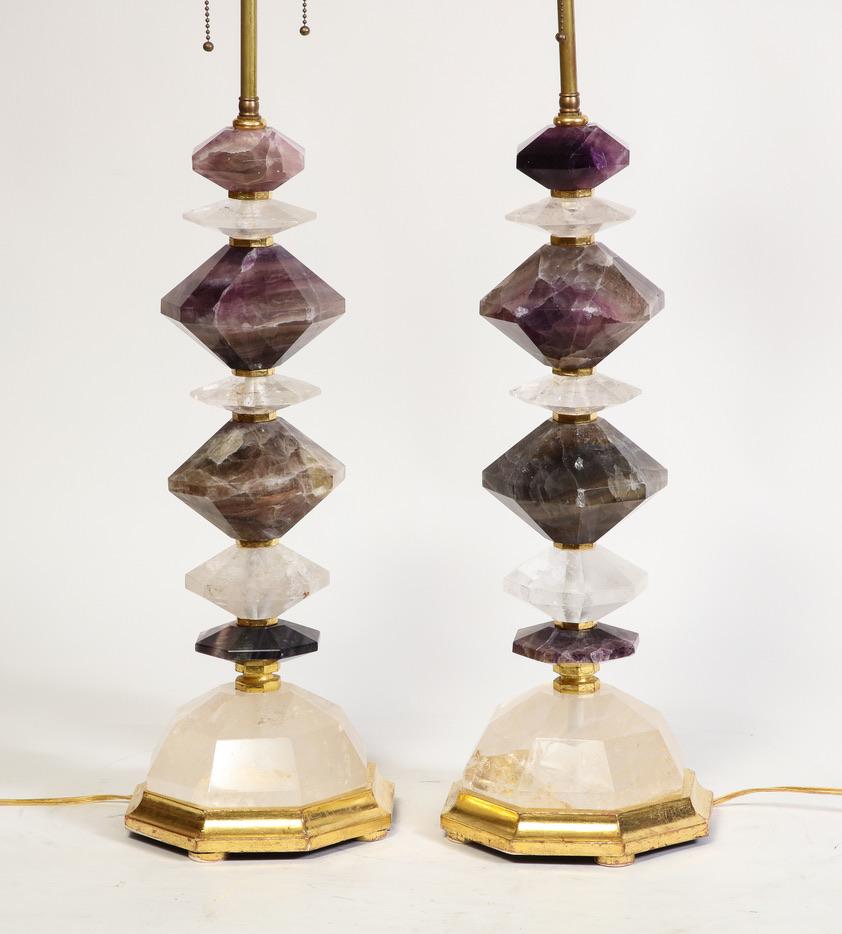 Large Pair 20th C French Diamond-Cut Rock Crystal & Amethyst Crystal Table Lamps In Good Condition For Sale In New York, NY