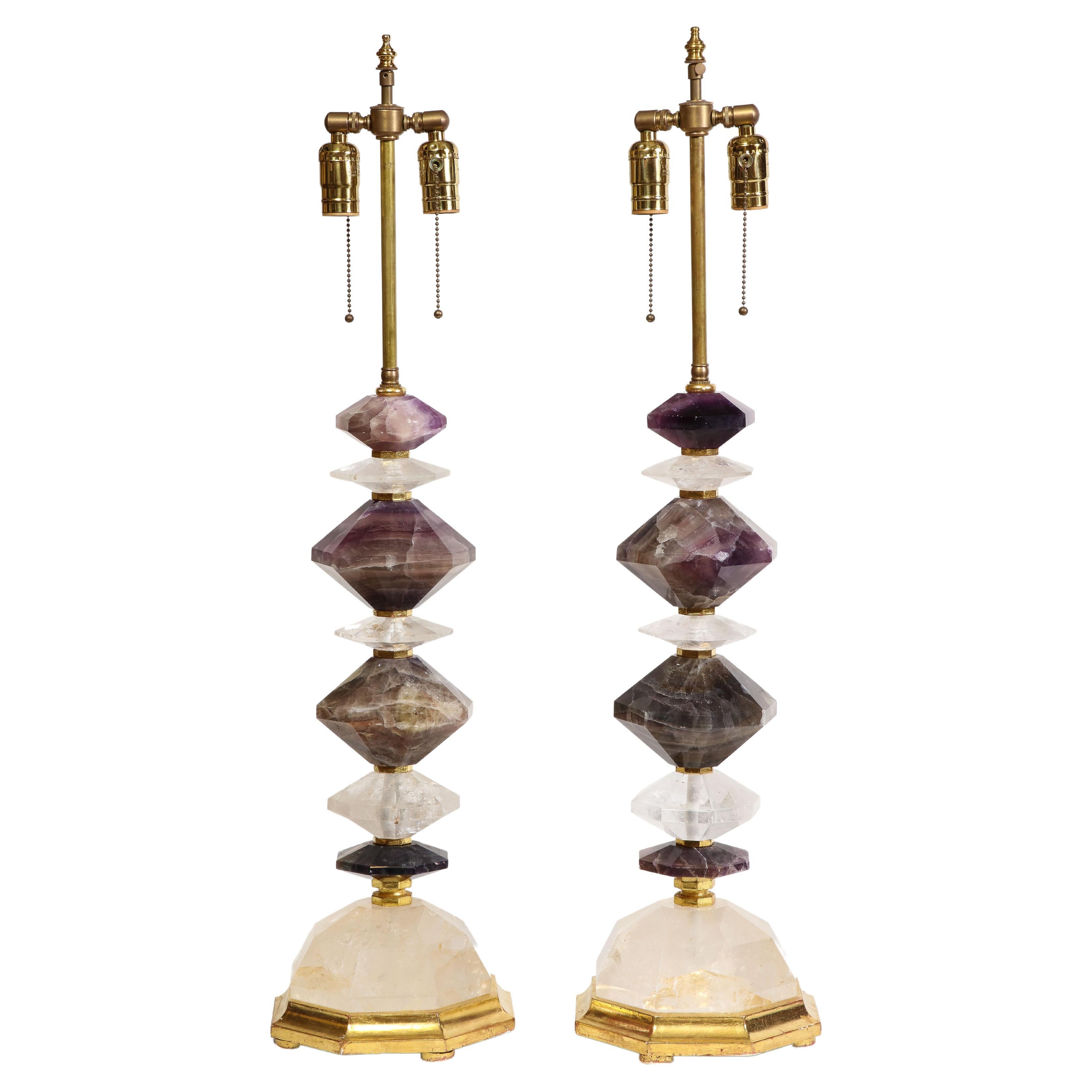 Large Pair 20th C French Diamond-Cut Rock Crystal & Amethyst Crystal Table Lamps For Sale