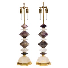 Large Pair 20th C French Diamond-Cut Rock Crystal & Amethyst Crystal Table Lamps
