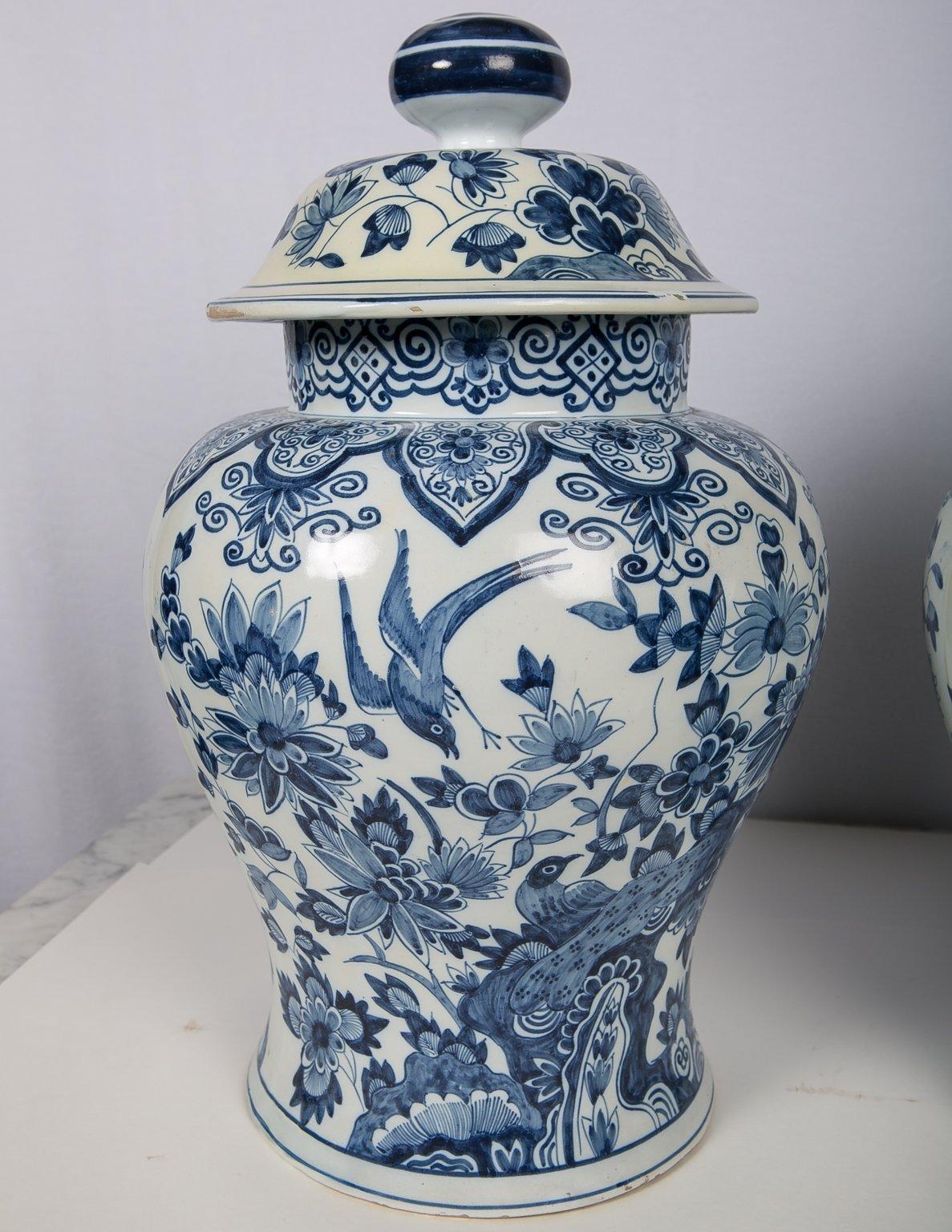 Chinoiserie Large Pair Antique Delft Blue and White Jars 19th Century