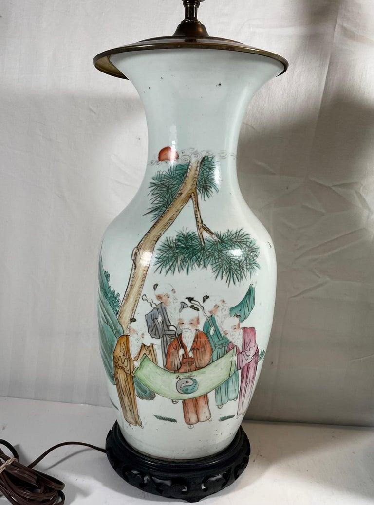 Large pair Antique Chinese Famille Rose Porcelain Baluster vases.

Early 20th century pair of large Chinese Famille Rose porcelain vases converted to table lamps. These vases are considered to be amongst the most exquisite. Famille Rose has a very