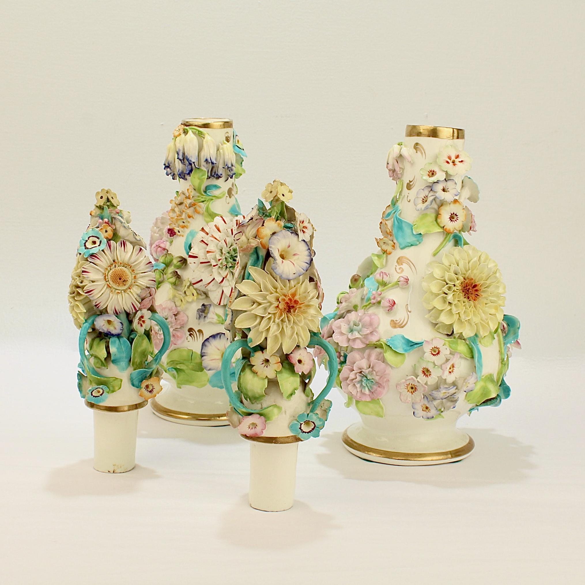 Large Pair Antique Coalbrookdale Type English Flower Encrusted Porcelain Bottles 5