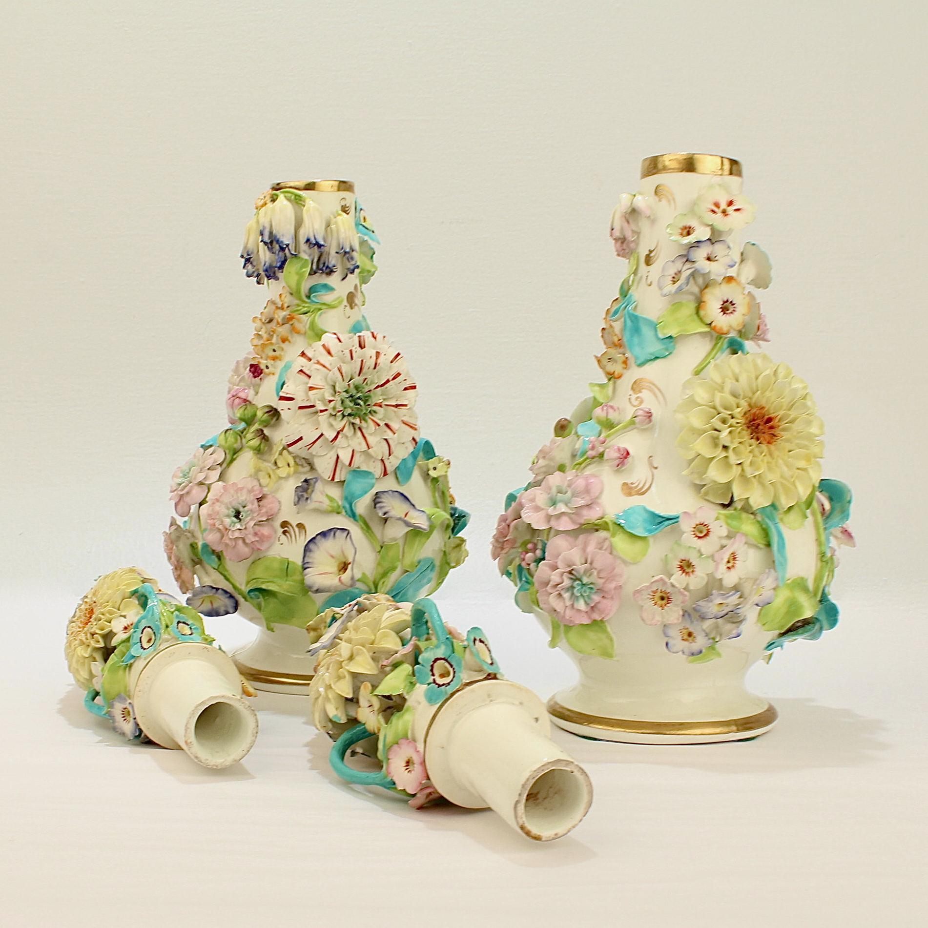 Large Pair Antique Coalbrookdale Type English Flower Encrusted Porcelain Bottles 6