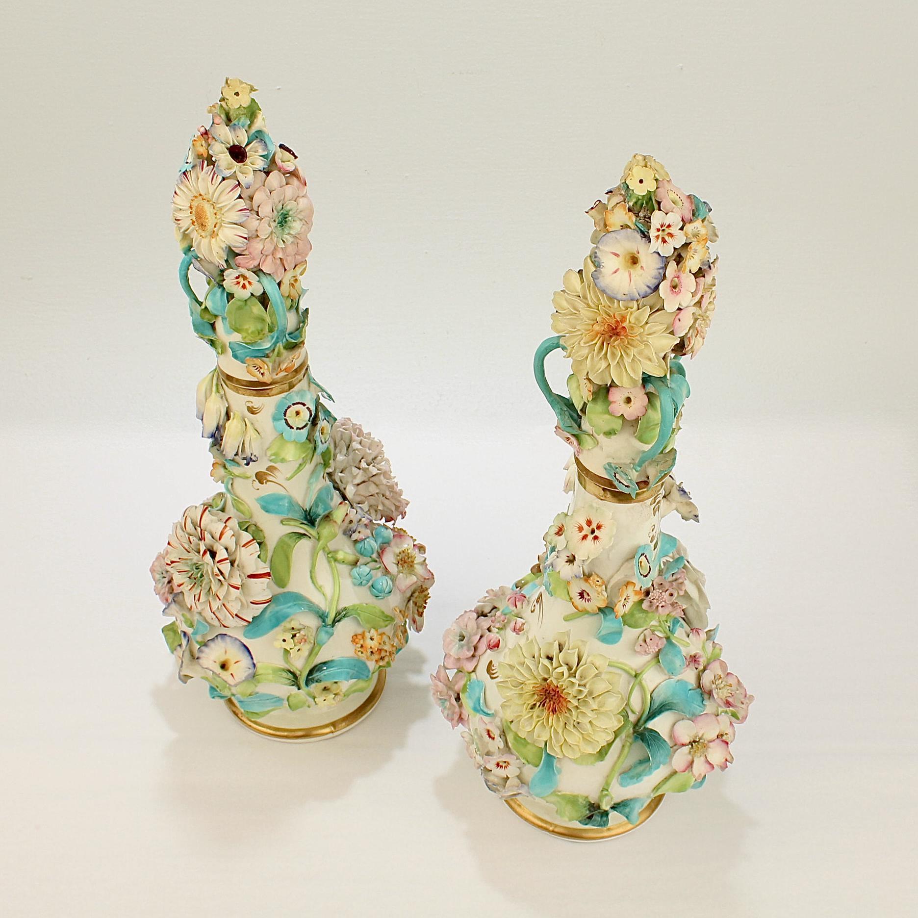 Large Pair Antique Coalbrookdale Type English Flower Encrusted Porcelain Bottles 7