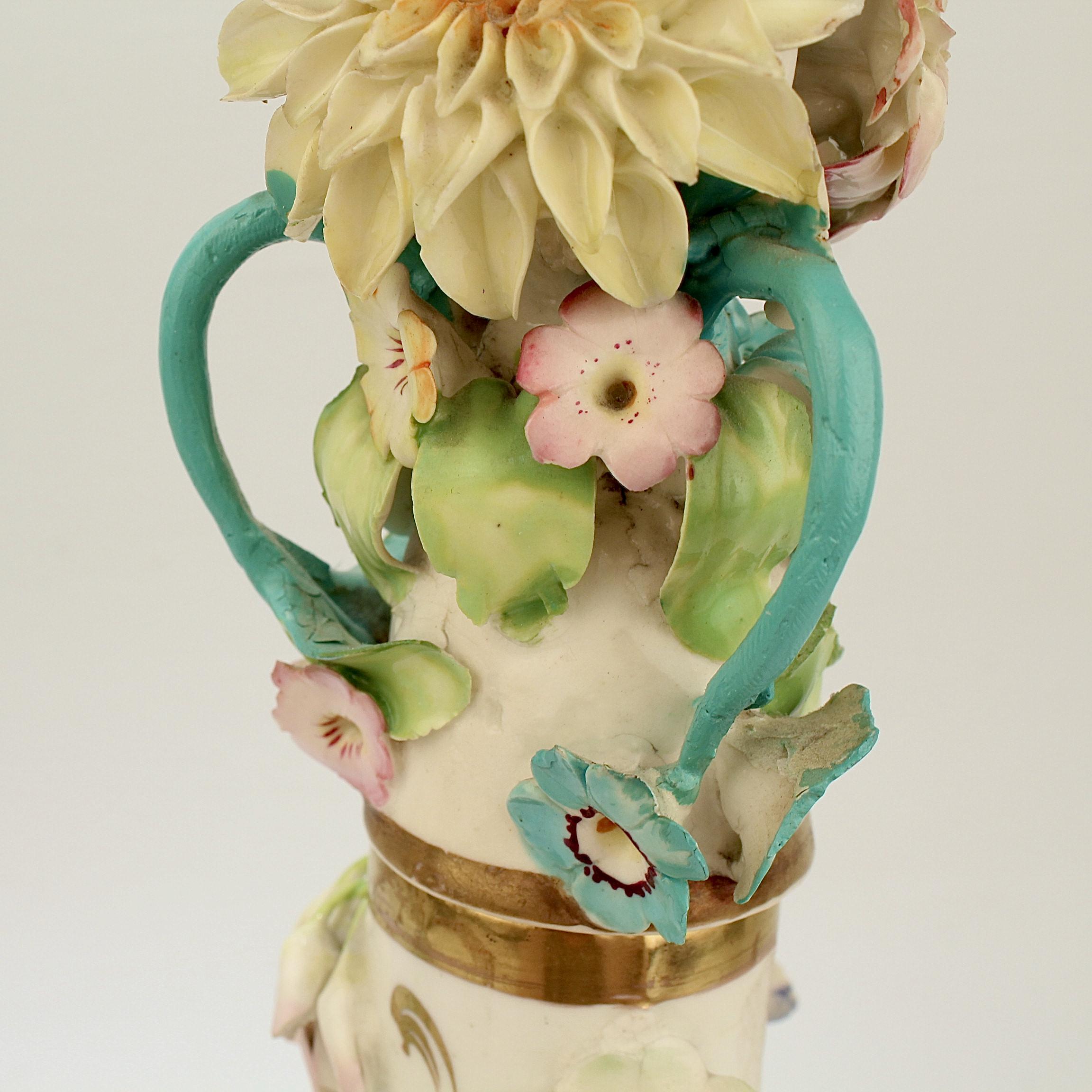 Large Pair Antique Coalbrookdale Type English Flower Encrusted Porcelain Bottles 14