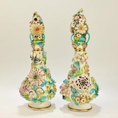 Large Pair Antique Coalbrookdale Type English Flower Encrusted Porcelain Bottles