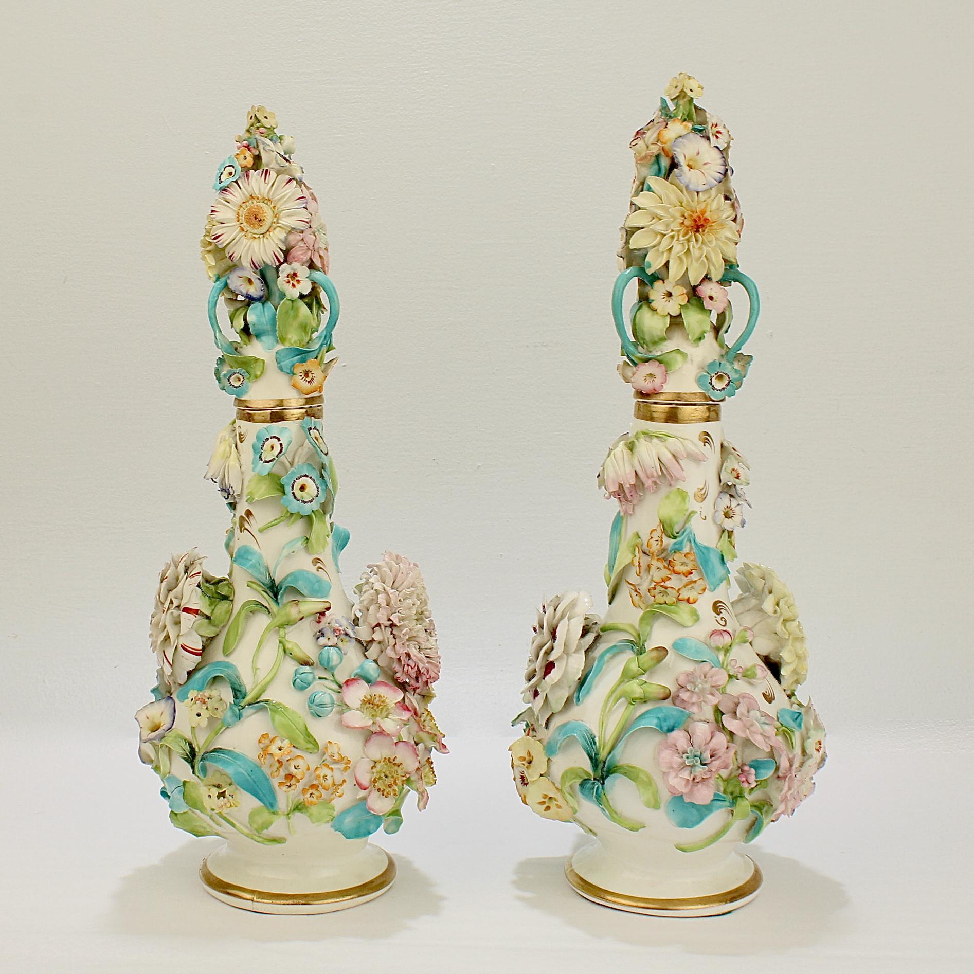 Early Victorian Large Pair Antique Coalbrookdale Type English Flower Encrusted Porcelain Bottles
