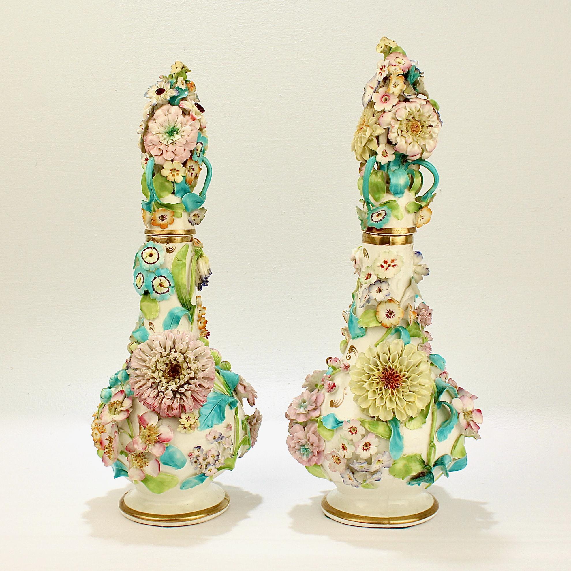 Large Pair Antique Coalbrookdale Type English Flower Encrusted Porcelain Bottles In Good Condition In Philadelphia, PA