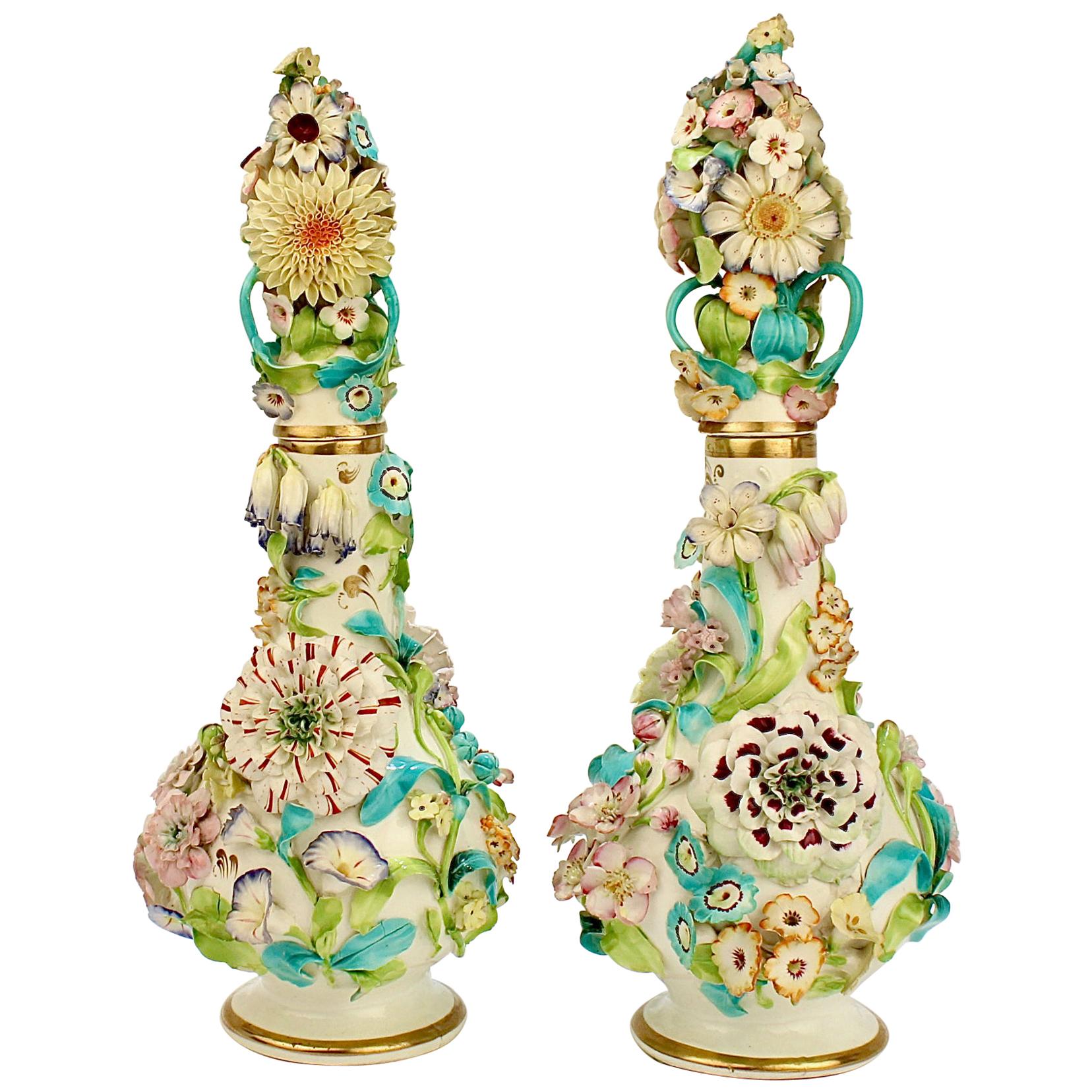 Large Pair Antique Coalbrookdale Type English Flower Encrusted Porcelain Bottles