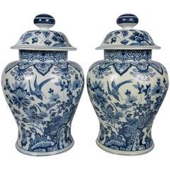 Large Pair Antique Delft Blue and White Jars 19th Century