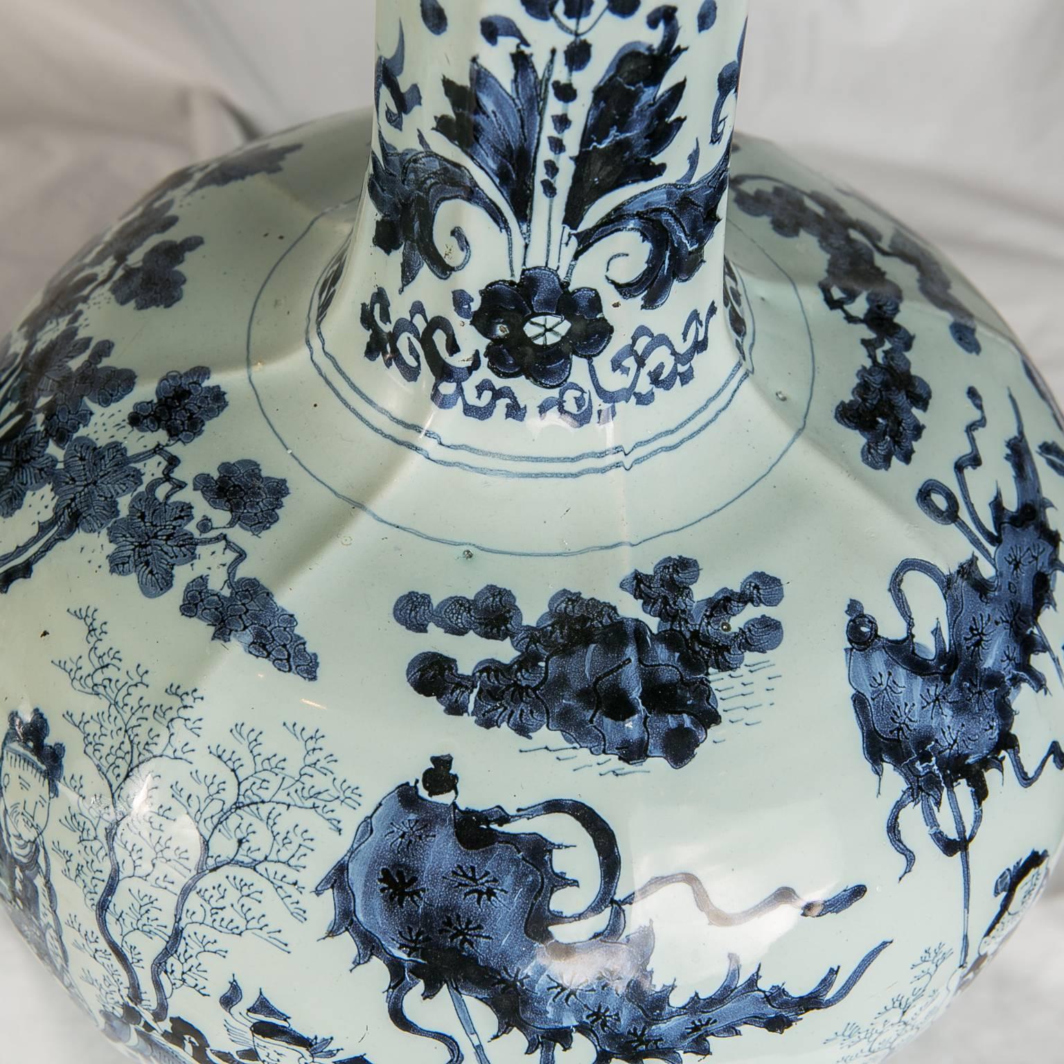 Hand-Painted Large Pair of Antique Delft Blue and White Vases Made circa 1700-1720