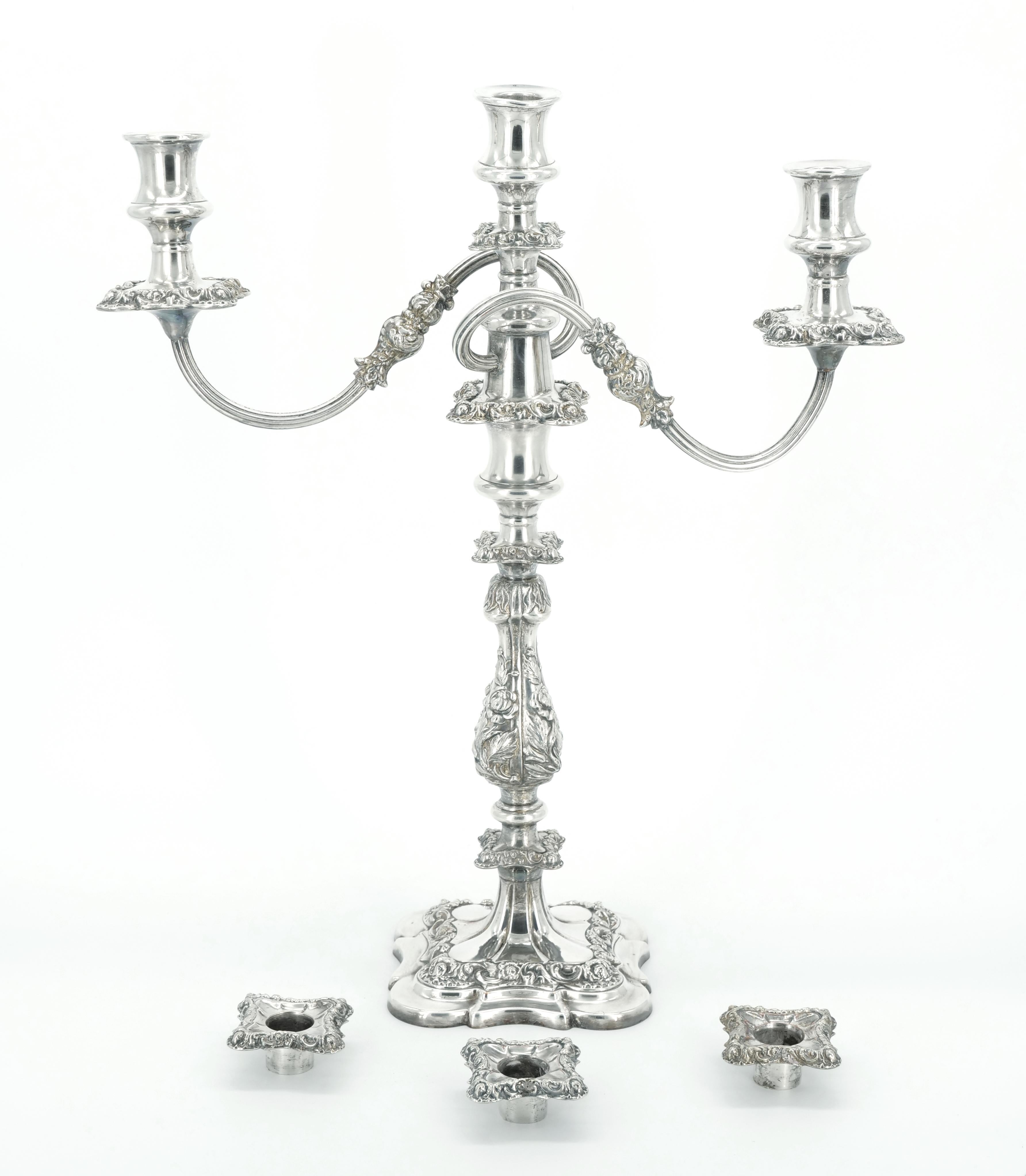 Large Pair Antique Edwardian Silver Plate Three-Light Candelabra  For Sale 7