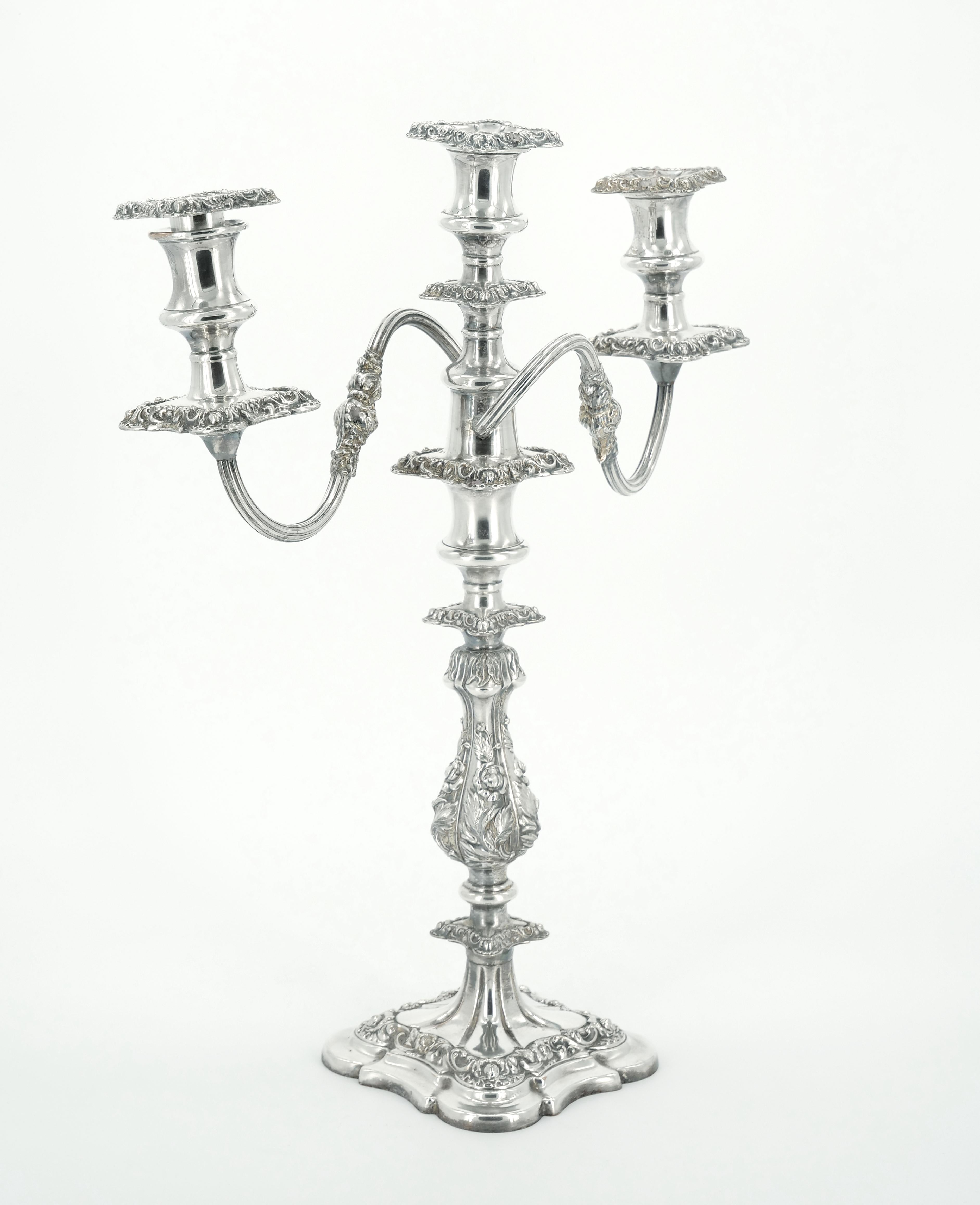 Large Pair Antique Edwardian Silver Plate Three-Light Candelabra  For Sale 13