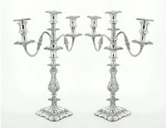 Large Pair Antique Edwardian Silver Plate Three-Light Candelabra
