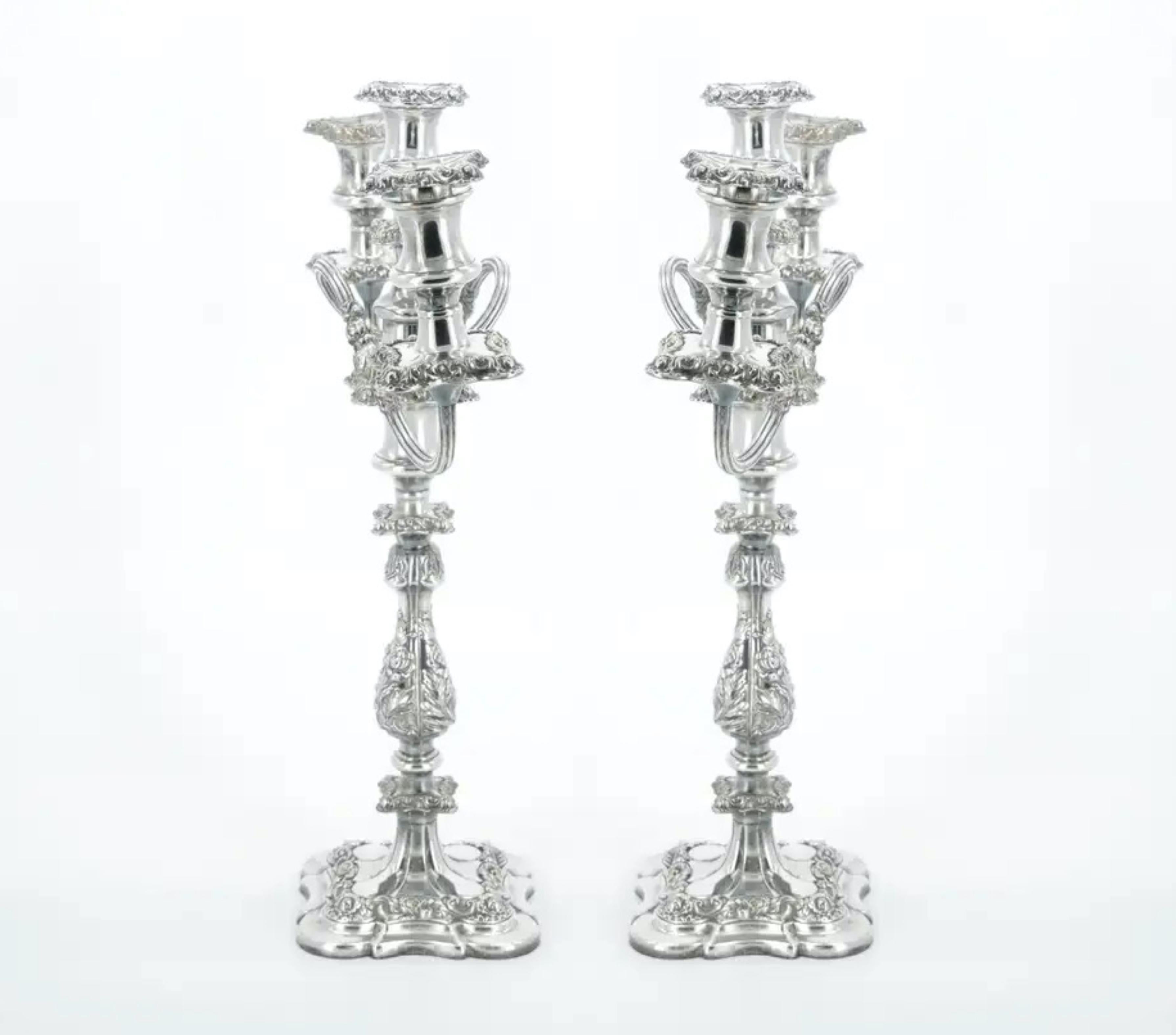 English Large Pair Antique Edwardian Silver Plate Three-Light Candelabra  For Sale