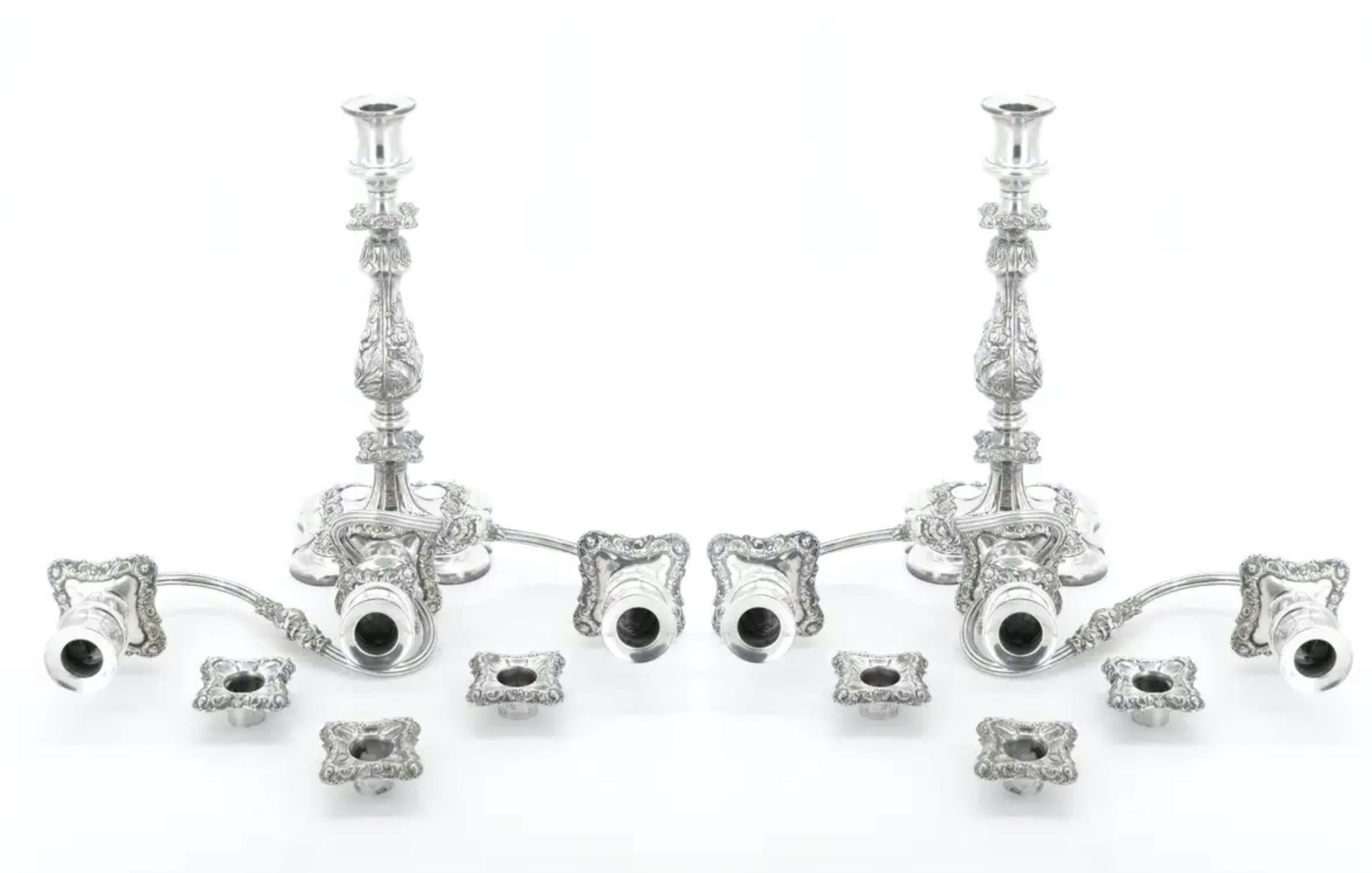 Engraved Large Pair Antique Edwardian Silver Plate Three-Light Candelabra  For Sale