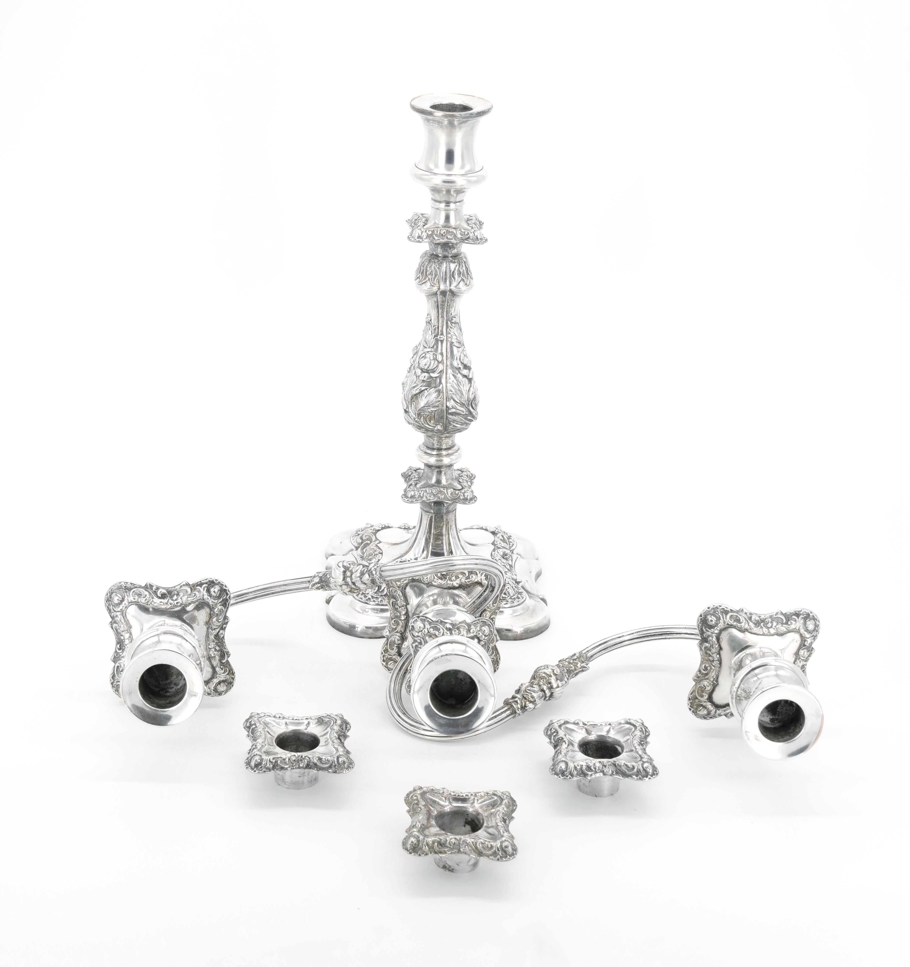 Large Pair Antique Edwardian Silver Plate Three-Light Candelabra  In Good Condition For Sale In Tarry Town, NY