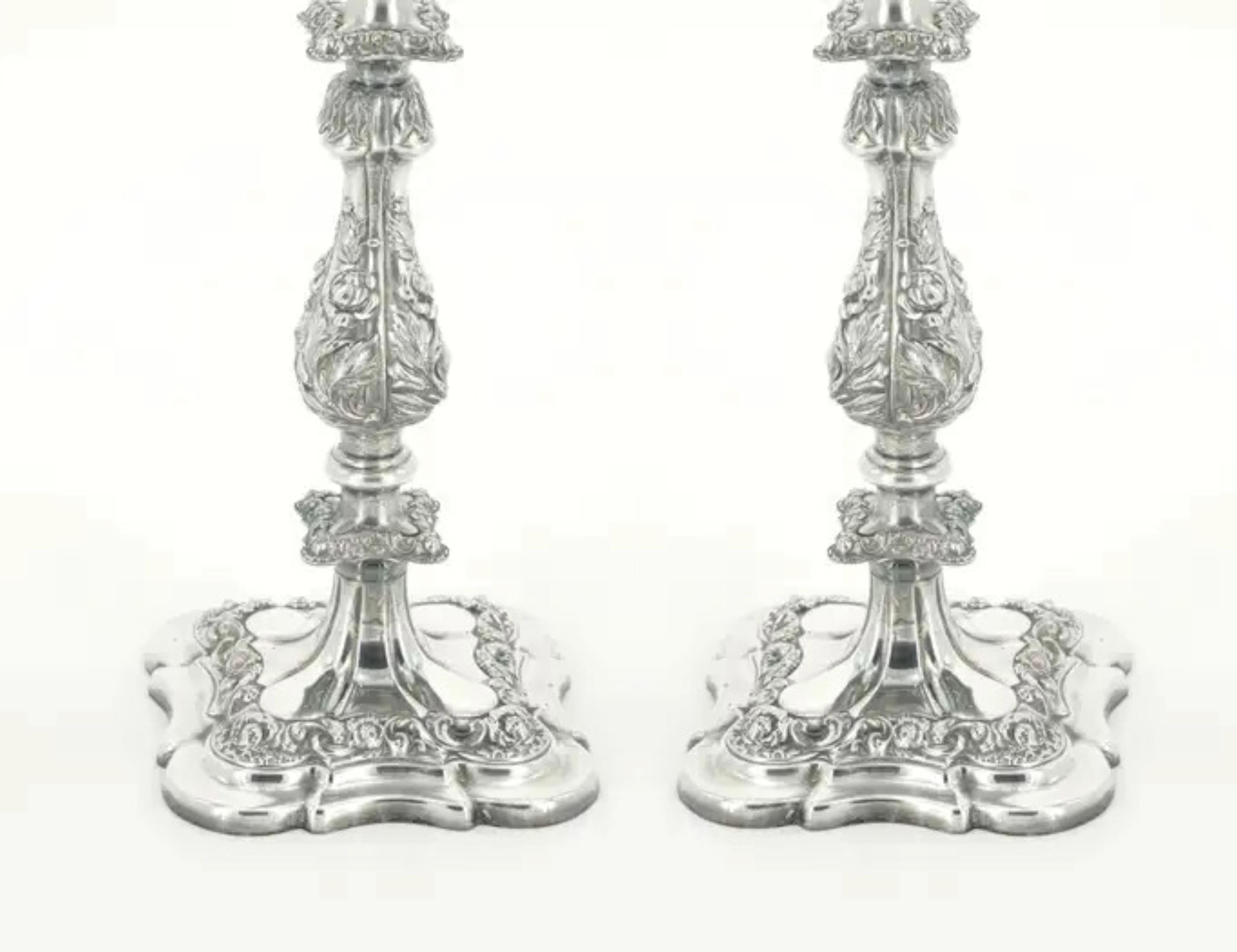 Late 19th Century Large Pair Antique Edwardian Silver Plate Three-Light Candelabra  For Sale