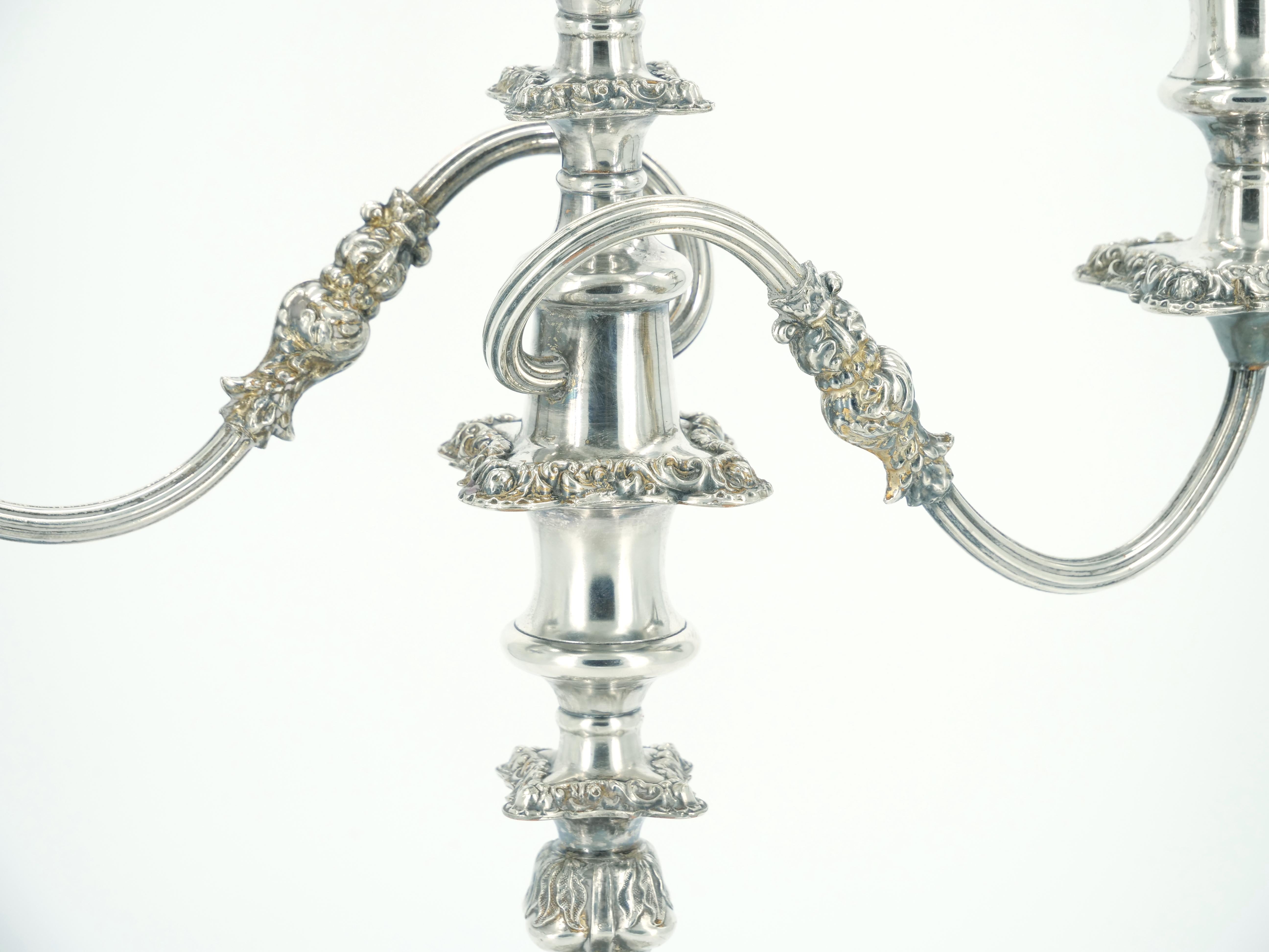 Fin du XIXe siècle Grande paire de candélabres édouardiens anciens à trois lumières en métal argenté  en vente