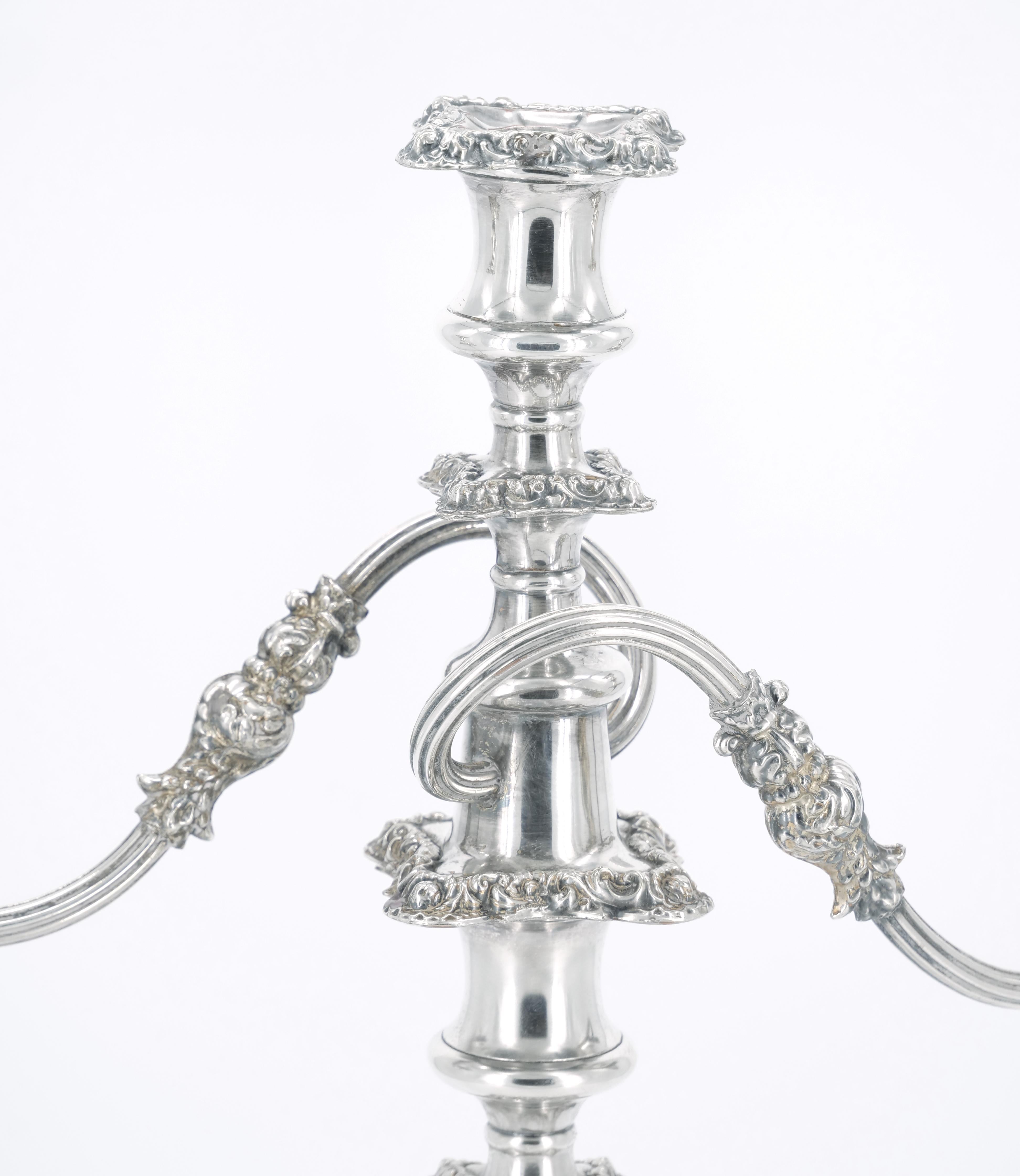 Large Pair Antique Edwardian Silver Plate Three-Light Candelabra  For Sale 3