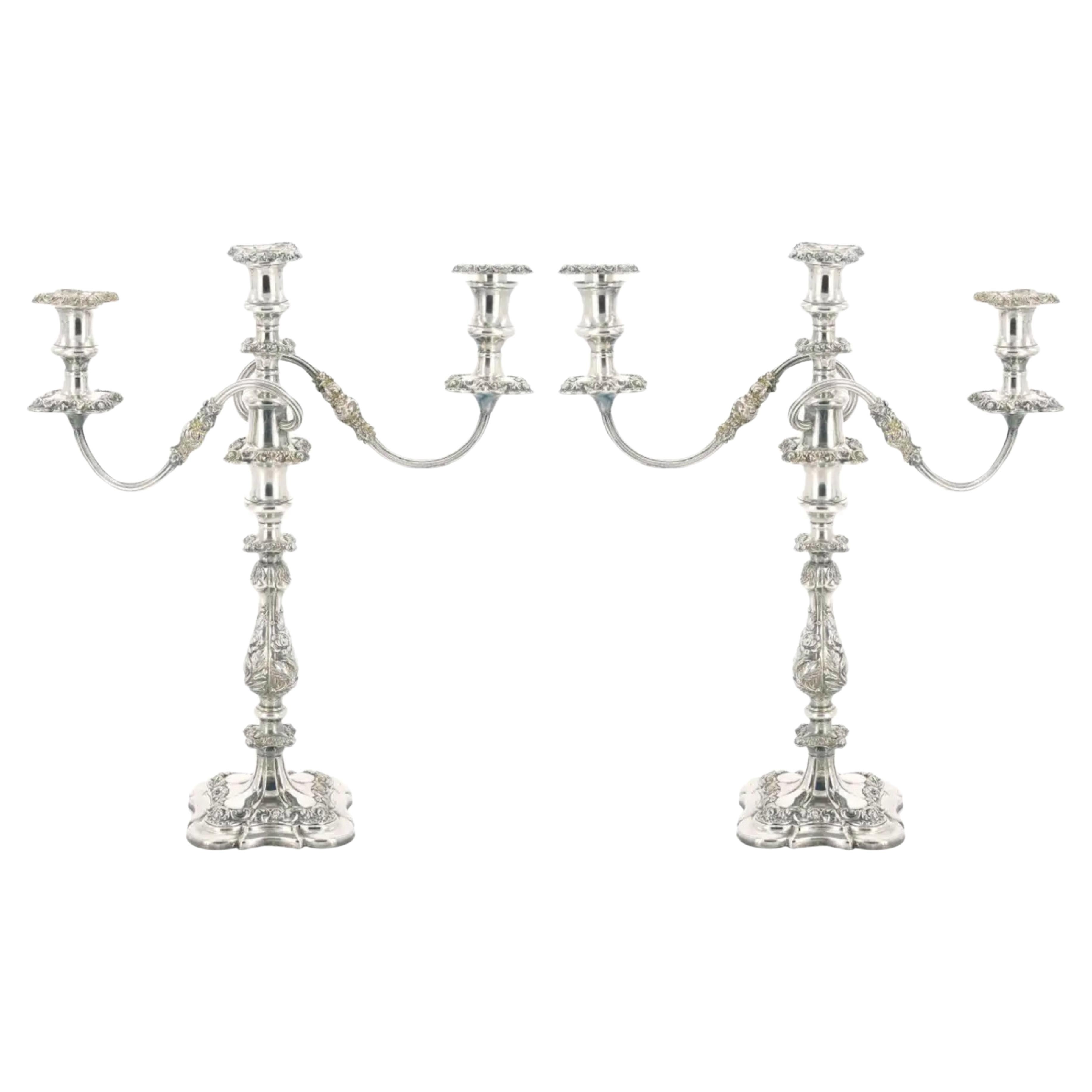 Large Pair Antique Edwardian Silver Plate Three-Light Candelabra  For Sale