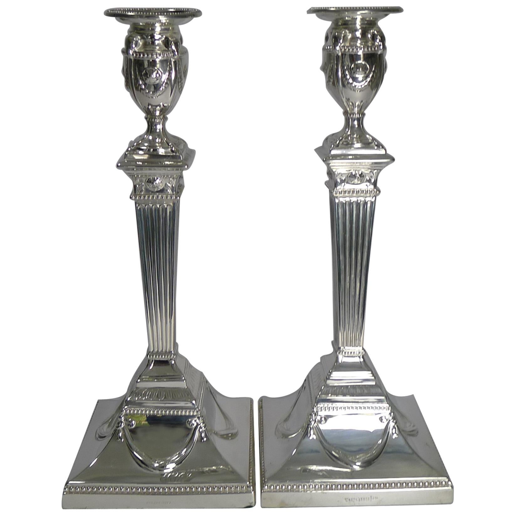 Large Pair of Antique English Silver Plated Candlesticks by Walker & Hall