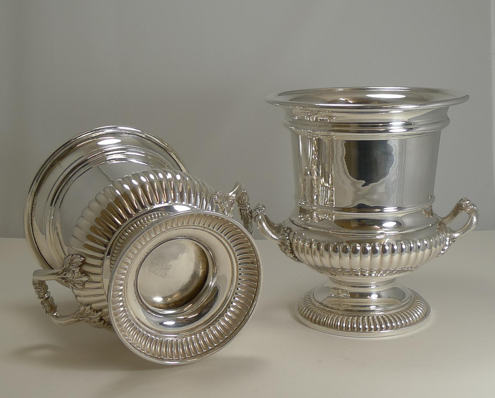 Early 20th Century Large Pair of Antique English Silver Plated Wine / Champagne Coolers, circa 1910
