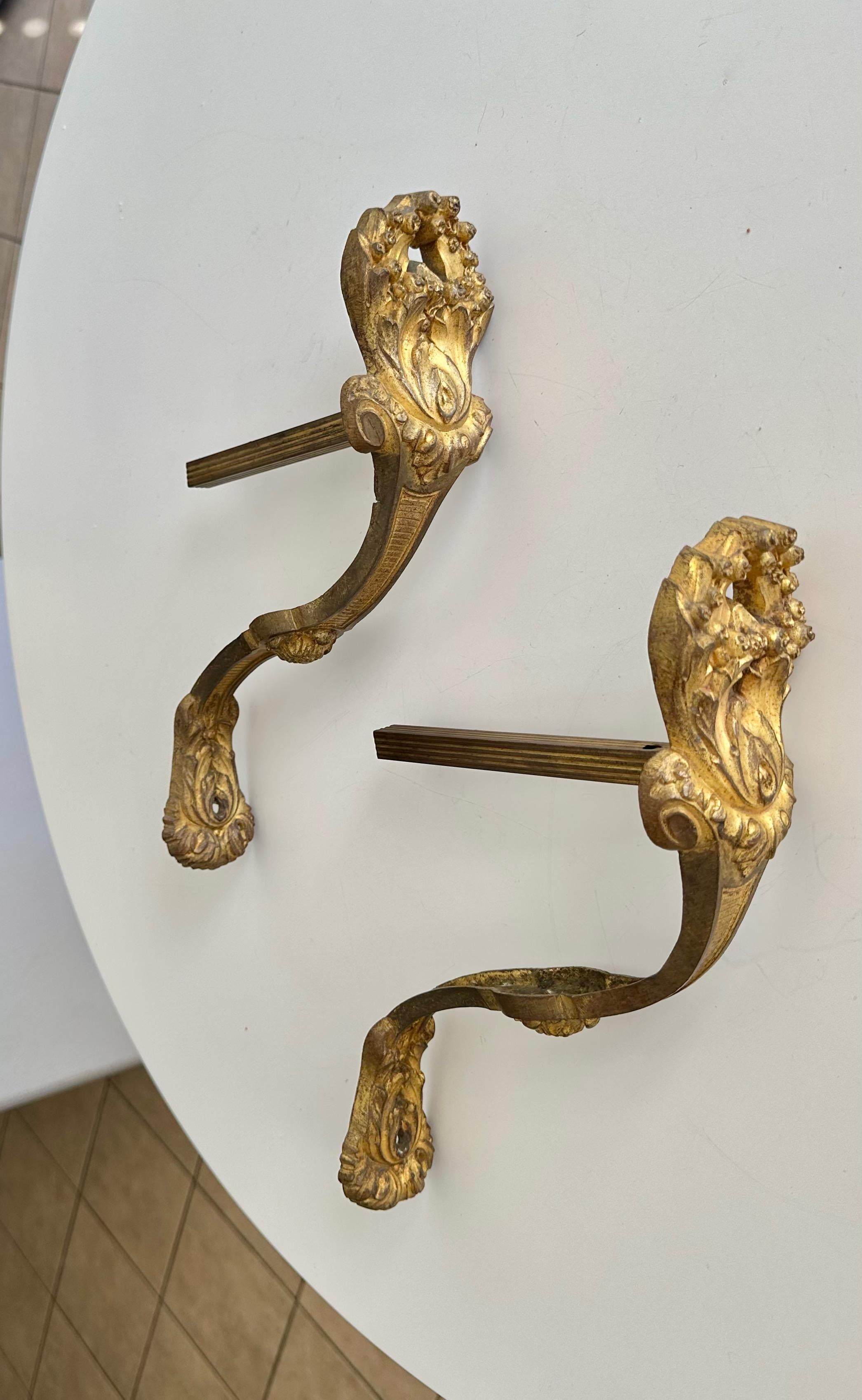 Large Pair Antique French Gilt Bronze Curtain Tie Back Brackets In Fair Condition For Sale In Palm Springs, CA