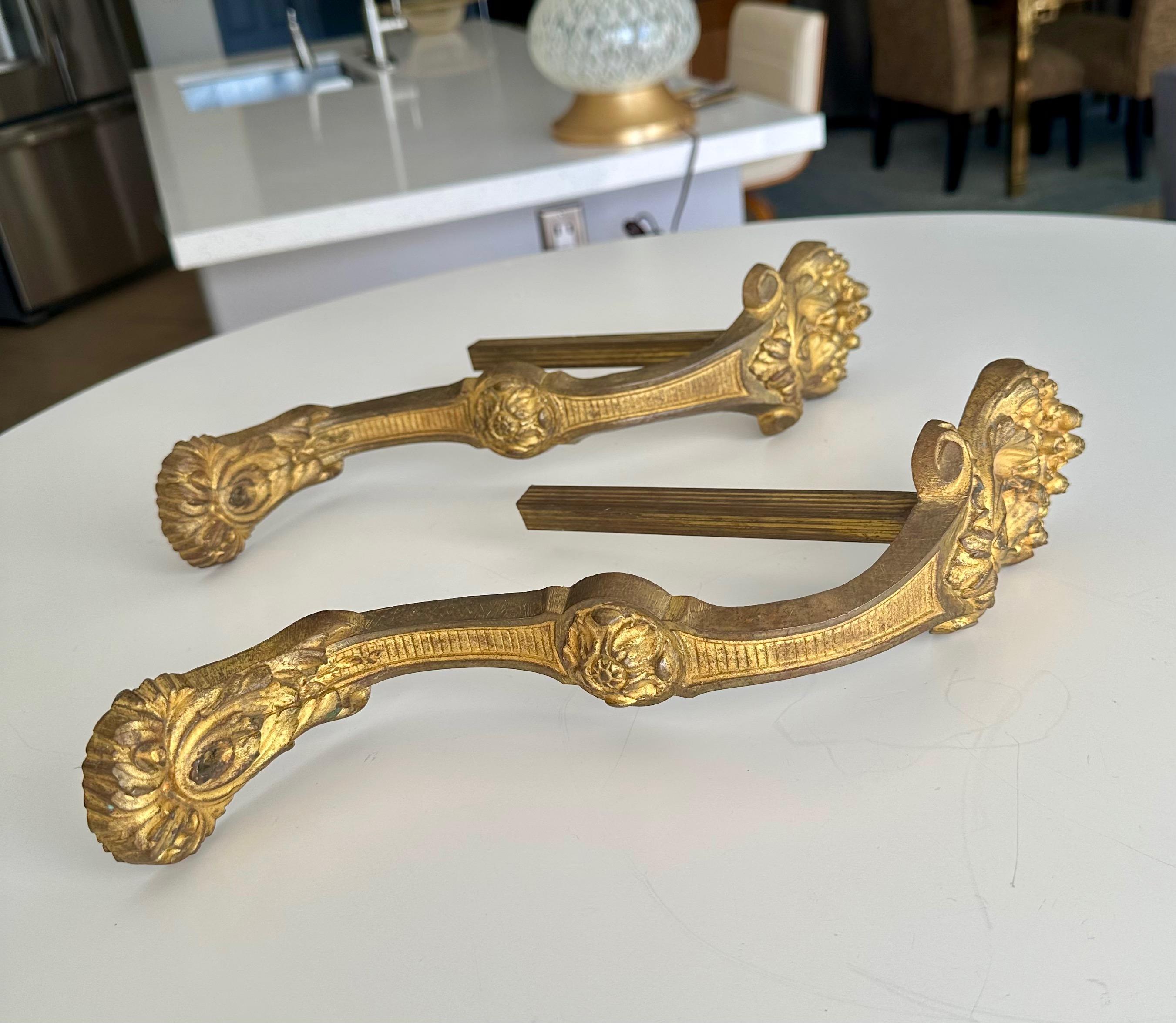 19th Century Large Pair Antique French Gilt Bronze Curtain Tie Back Brackets For Sale