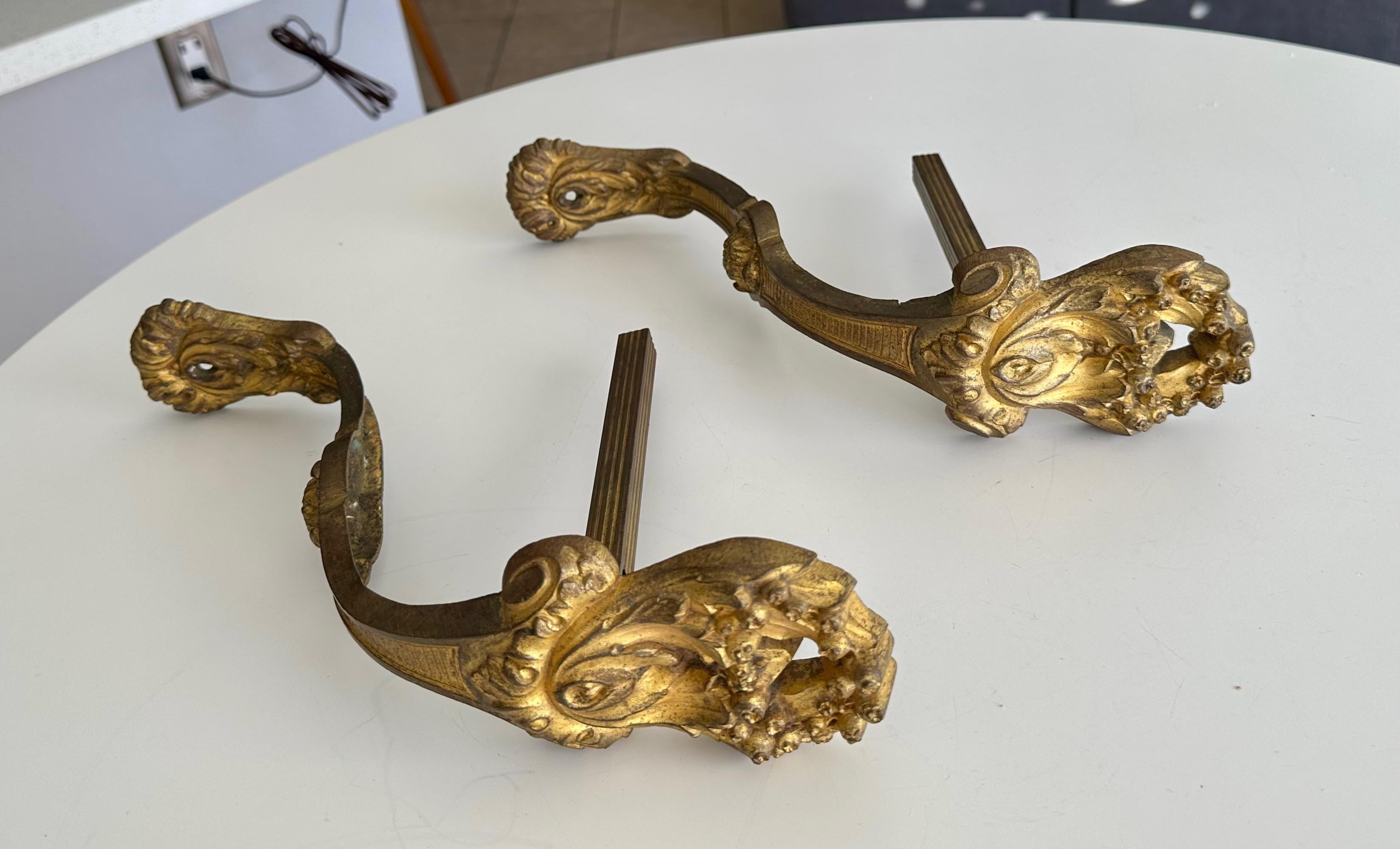 Large Pair Antique French Gilt Bronze Curtain Tie Back Brackets For Sale 1