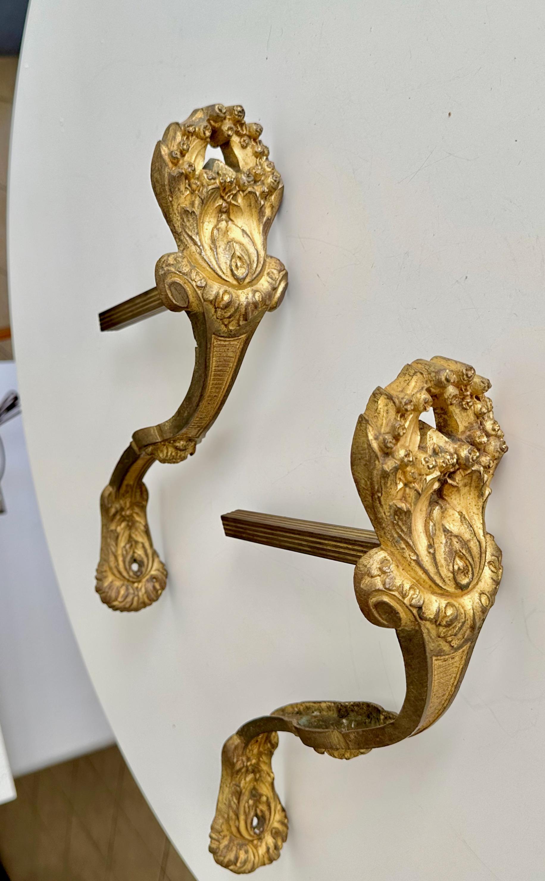 Large Pair Antique French Gilt Bronze Curtain Tie Back Brackets For Sale 2